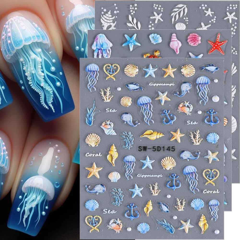 5D Embossed Ocean Nail Stickers - Summer Decals With Shell, Starfish, Jellyfish, Sea Animals - Beach Art Supplies for Nails