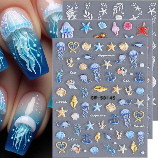 5D Embossed Ocean Nail Stickers - Summer Decals With Shell, Starfish, Jellyfish, Sea Animals - Beach Art Supplies for Nails