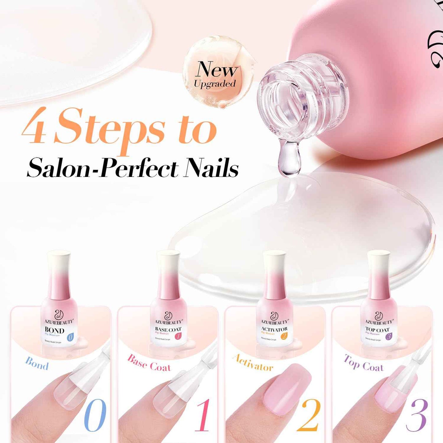 AZUREBEAUTY Dip Powder Liquid Set - 8Pcs 15ml/0.5oz Upgraded Bond, Base Coat, Activator & Top Coat | DIY Home Salon Necessary Tools