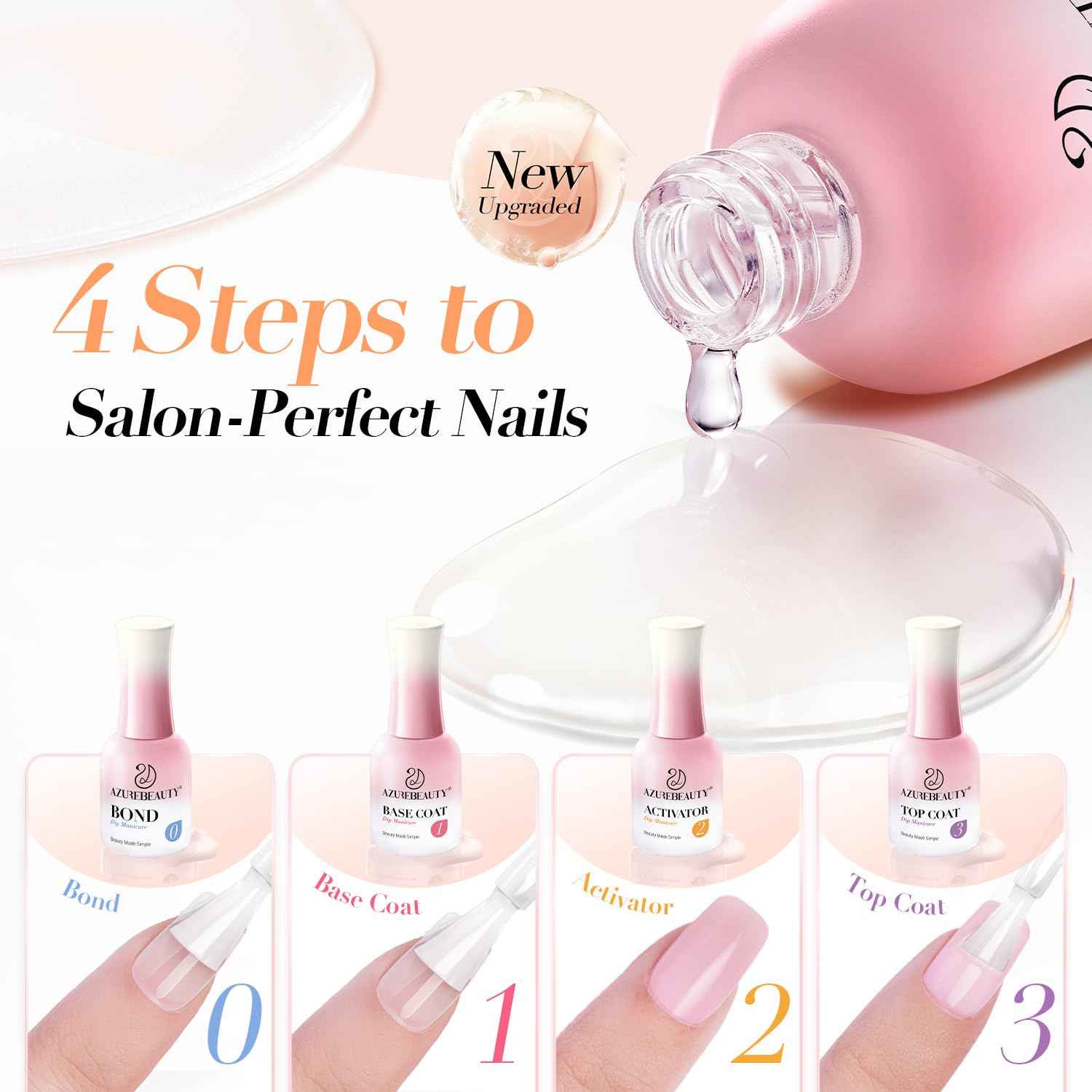 AZUREBEAUTY Dip Powder Liquid Set - 8Pcs 15ml/0.5oz Upgraded Bond, Base Coat, Activator & Top Coat | DIY Home Salon Necessary Tools