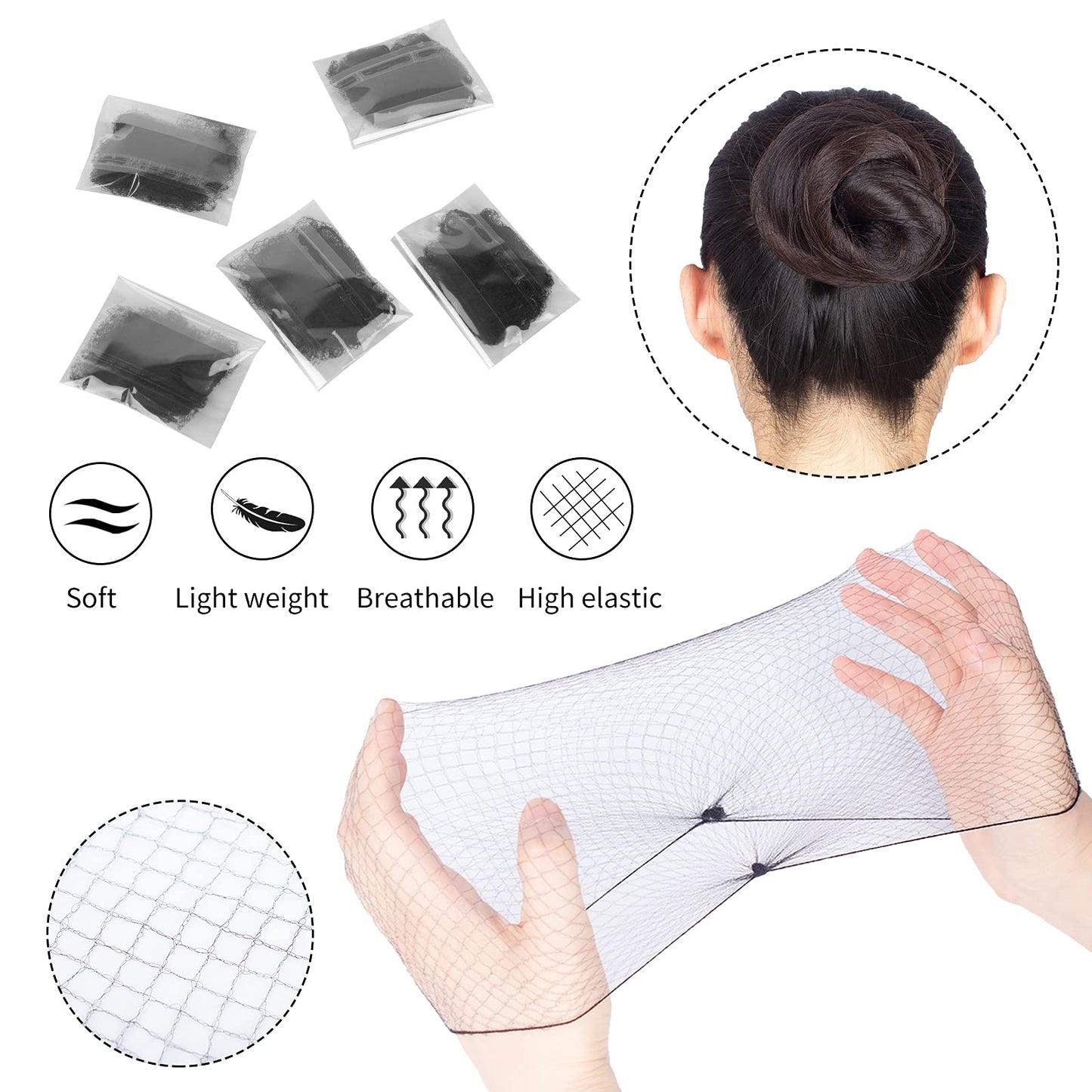 WeKen Hair Nets for Buns Invisible Hairnets Elastic Edge Mesh for Women Bun Dance Ballet Hair Net Accessories Kit (Black)