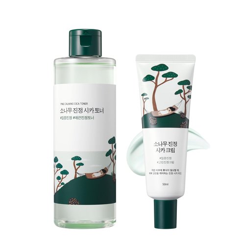ROUND LAB Pine Calming Cica Toner + Calming Cica Cream, Hyaluronic Acid for Soothing and Skin Barrier Support, Korean Skincare