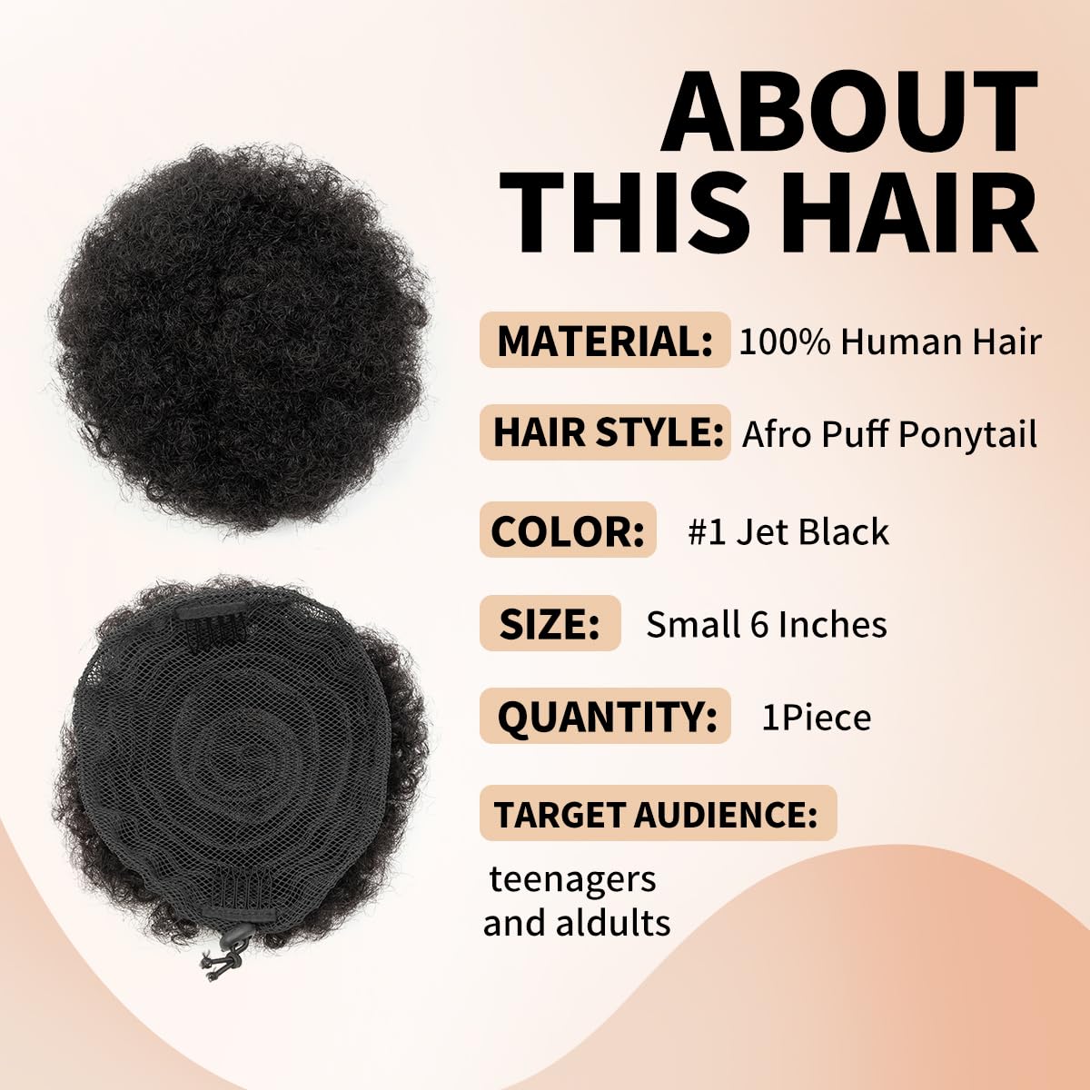 Boymia Afro Puff Drawstring Ponytail Human Hair #1 Jet Black 6 Inch Kinky Curly Bun Hair Genuine Human Hair Short Kinky Bun for Natural Hair Clip On Kinky Drawstring Curly Ponytail Bun