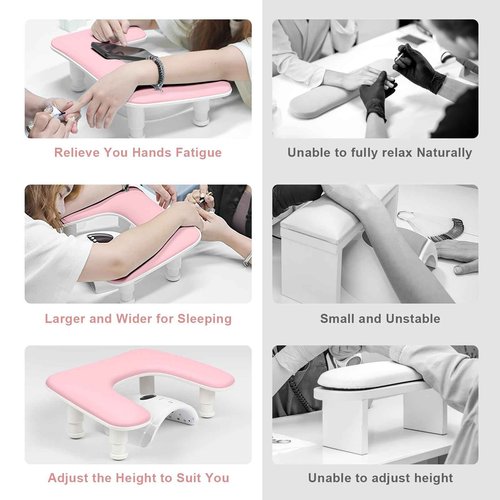 Arm Rest for Nails Tech,Height-Adjustable U Shaped Manicure Nail Arm Rest,Big Microfiber PU Leather Hand Rest for Nails Tech, Professional Salon Manicure Arm Rest Cushion (pink)