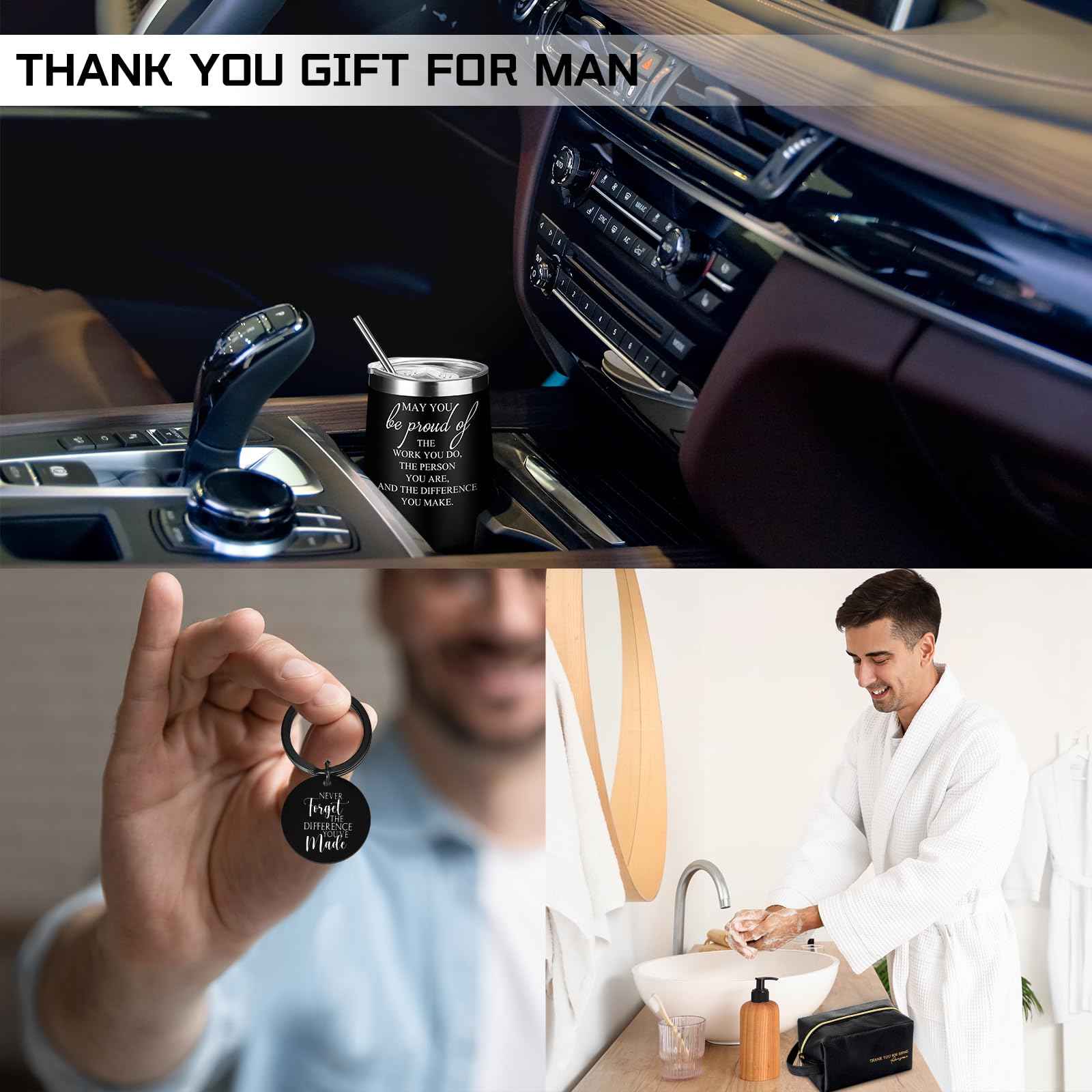 Dandat Set of 3 Thank You Gift for Men Christmas Leather Toiletry Bag May You Be Proud of The Work Sign 12oz Stainless Steel Tumbler with Inspirational Keychain for Men Teacher Male Staff(Black)