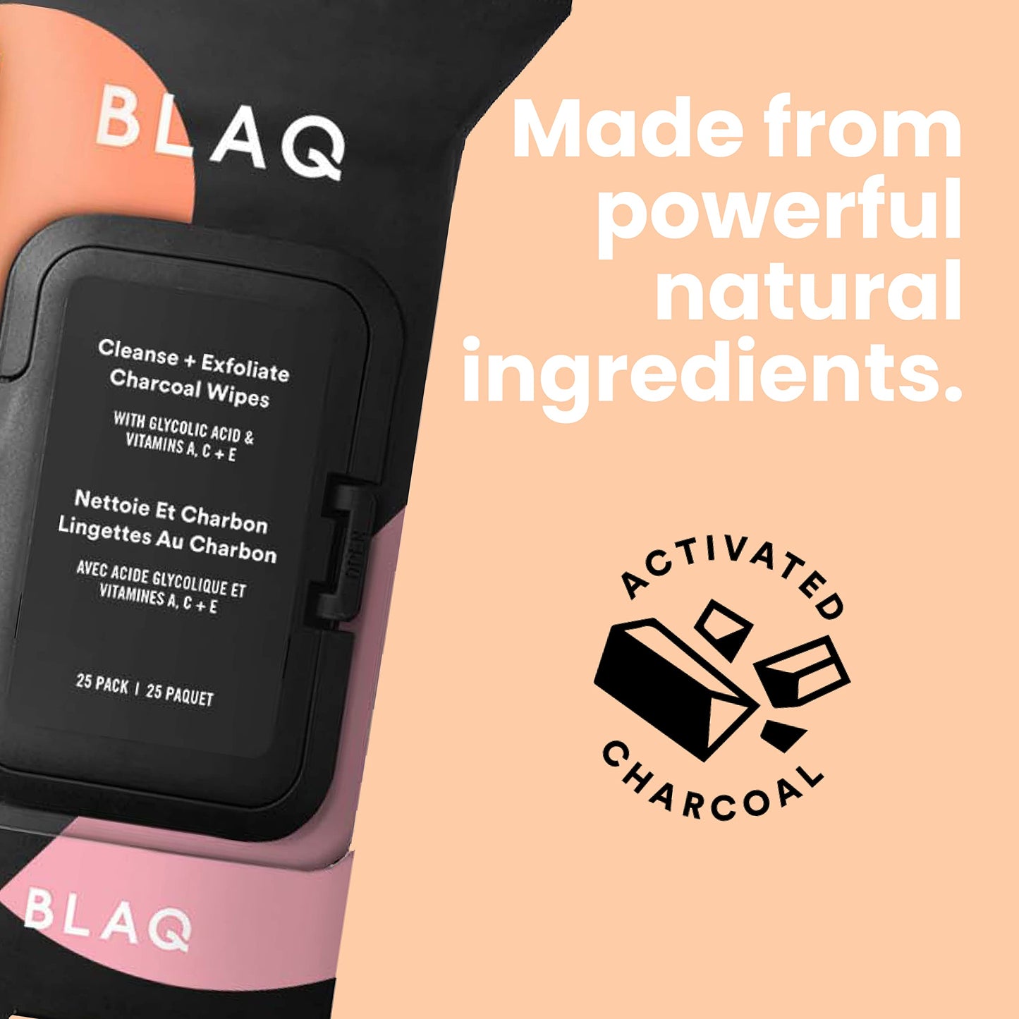 BLAQ Activated Charcoal Face Wipes - Dual Sided Charcoal Facial Cleansing Wipes - Makeup Remover Wipes, Exfoliating AHA Face Wipes, Pore Cleansing Acne Face Wipe - Travel Size Face Wash Cloth - 25 pcs