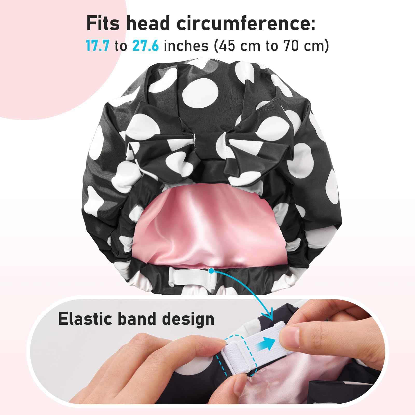 LitBear Luxury Silk Lined Shower Caps for Women Reusable Waterproof, Double Layered Large Bathing Hair Cap with Adjustable Elastic Strap, Non-slip, Quick-dry, for Long Short Hair, Black Dots