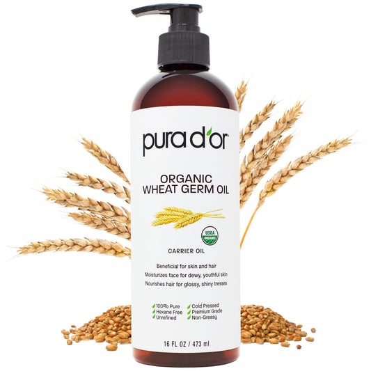 PURA D'OR 16 Oz ORGANIC Wheat Germ Oil - 100% Pure & Natural USDA Certified Cold Pressed Carrier Oil - Vitamin E Rich, Moisturizing & Nourishing Anti-Aging Properties - Healthy Hair Growth & Skincare