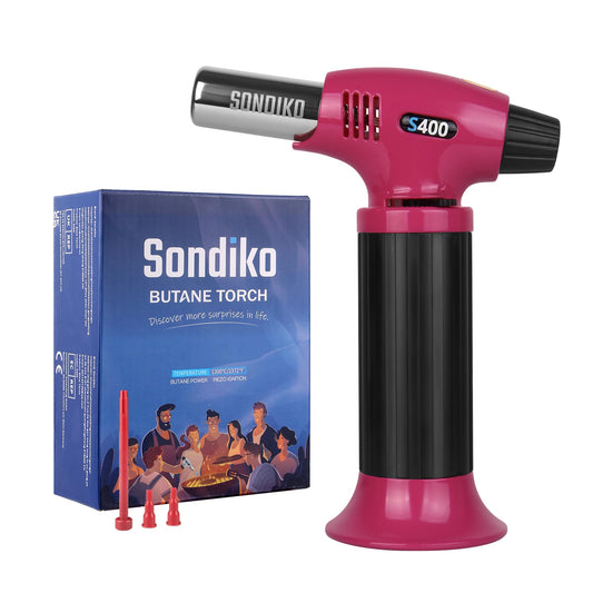 Sondiko S400 Butane Torch, Pink & Black, Refillable Kitchen Lighter with Safety Lock, Adjustable Flame for Creme Brulee and Baking—Butane Gas Is Not Included