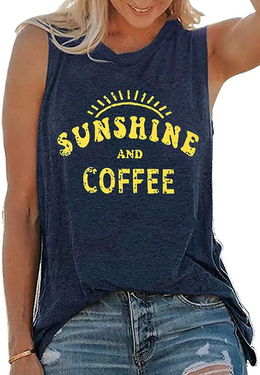 Tank Tops for Women Summer Sunshine and Coffee Graphic T-Shirts Sleeveless Casual Ladies Loose Tunic Blouse(Sunshine Deep Blue, S)