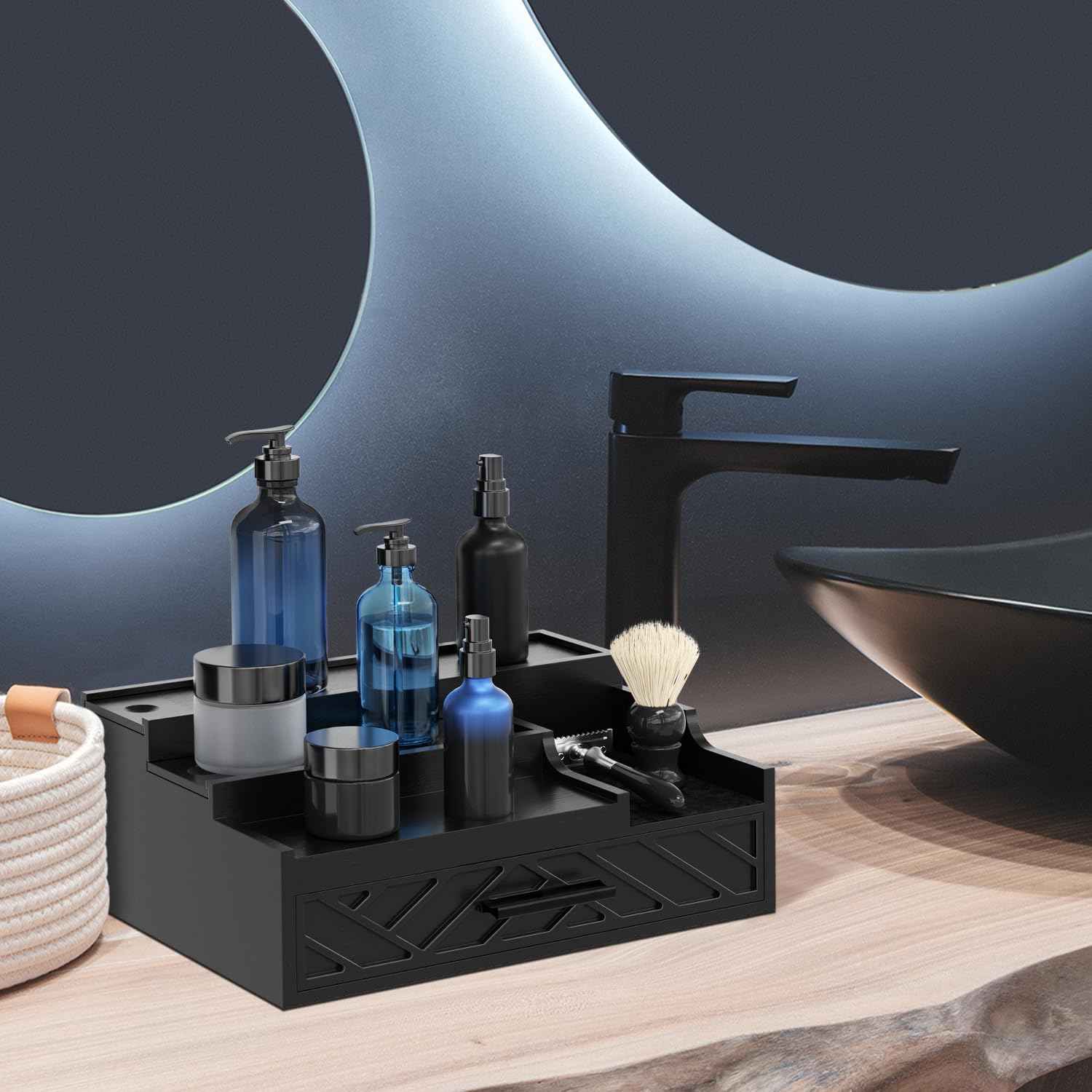 Cologne Organizer for Men, 3 Tier Perfume Stand With Drawer Hidden Compartment and Lining, Wood Display Holder for Watch Jewelry, Black, Great Gifts for Christmas