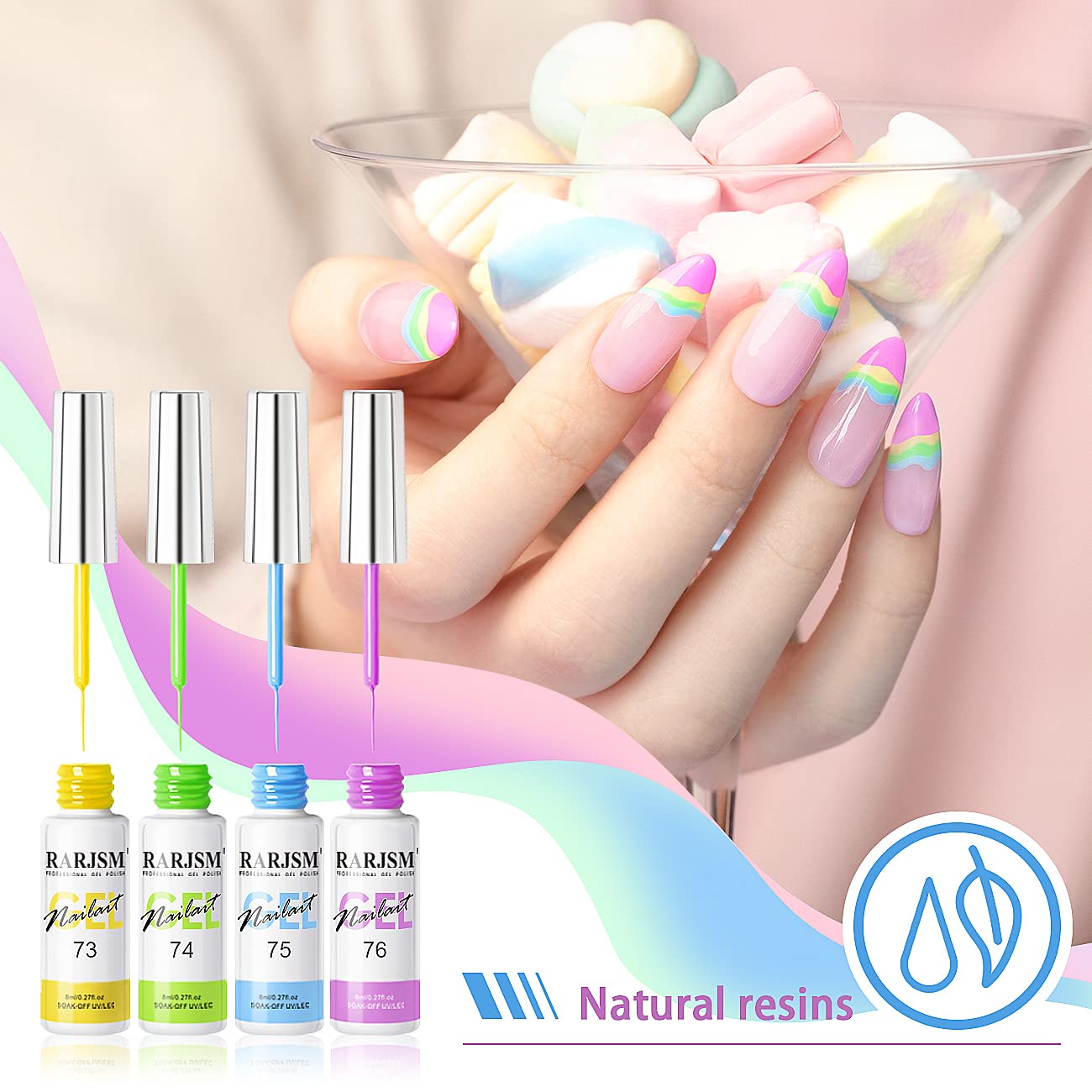 RARJSM Nail Art Liner Gel Polish 6pcs Set Marshmallow Pastel Yellow Green Blue Purple Orange Pink Spring Summer Colors Line Gel Painting for Nail Design Bulid in Thin Brush Curing Requires 8ml