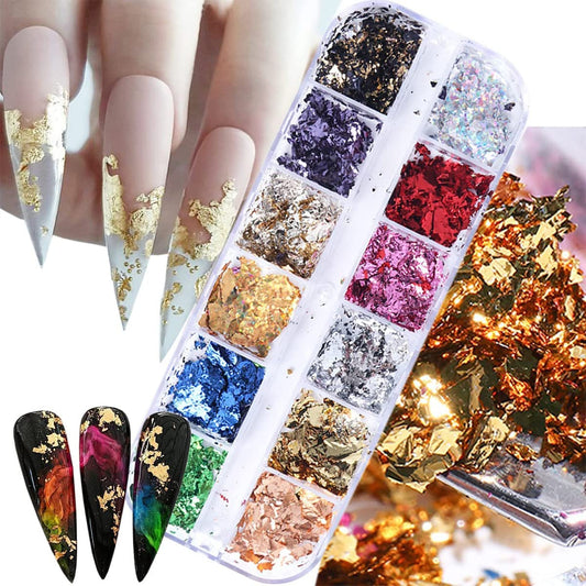 12 Colors Holographic Nail Glitter Foils Iridescent Sequins Sparkly Ultra-Thin Aluminum Foil Nail Art Flakes Design Laser Nail Sequin Designer Nail Art Supplies for Women DIY Manicure Charm Decoration