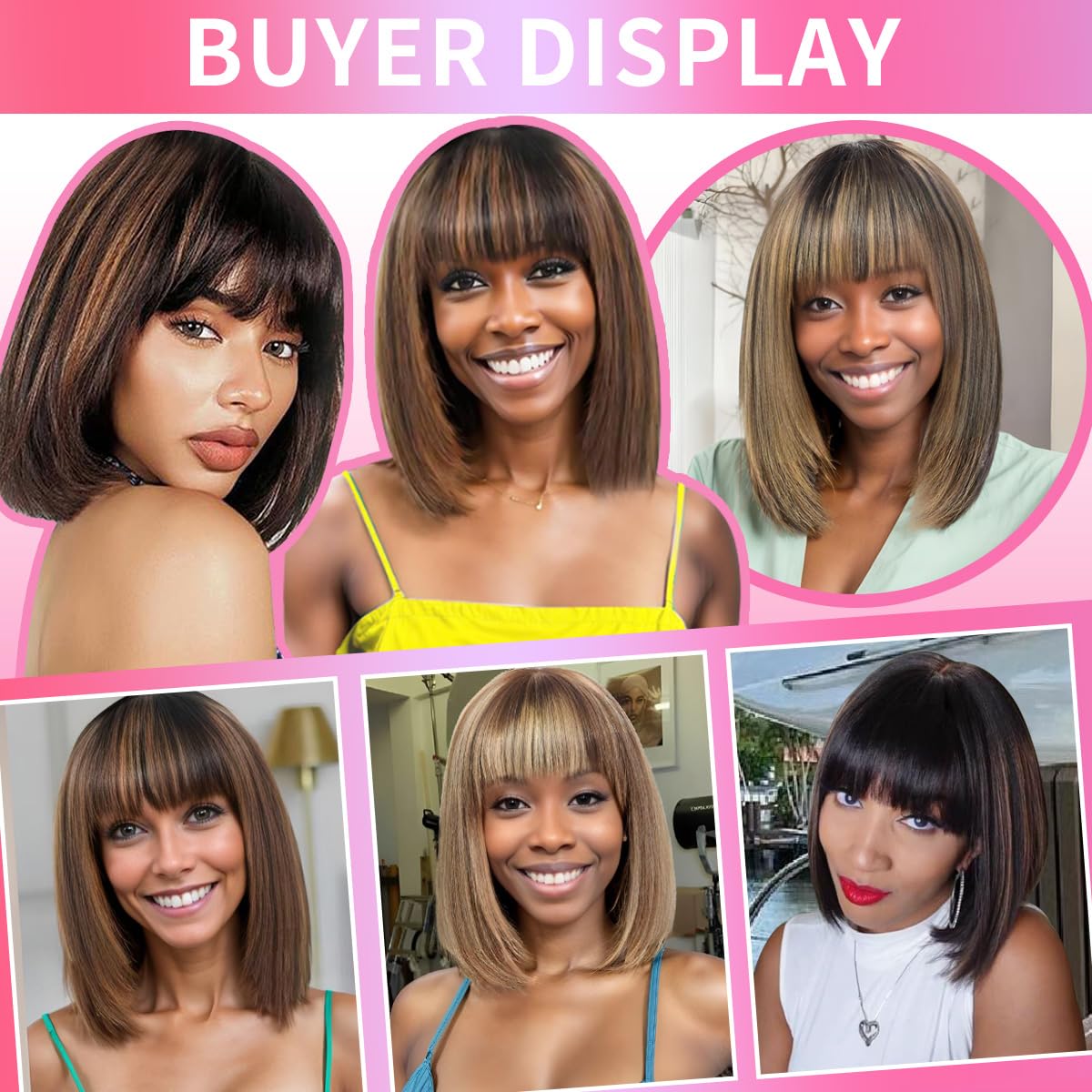 Bob Wig with Bangs Human Hair P4/27 Straight Wig Human Hair Short Human Hair Glueless Wear Wig Ombre Blonde Highlight Short Bob Wigs for Black Women 2.5X1 inch Bob Wig Human Hair 10Inch Short Bob