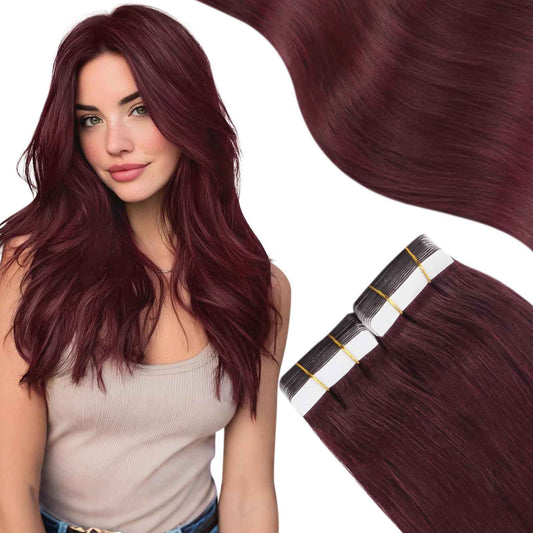 Moresoo Burgundy Tape in Hair Extensions Human Hair Invisible Tape in Extensions Real Hair Wine Red Extensions Glue in Human Hair Seamless Extensions Straight #99J 20pcs 40g 14 Inch
