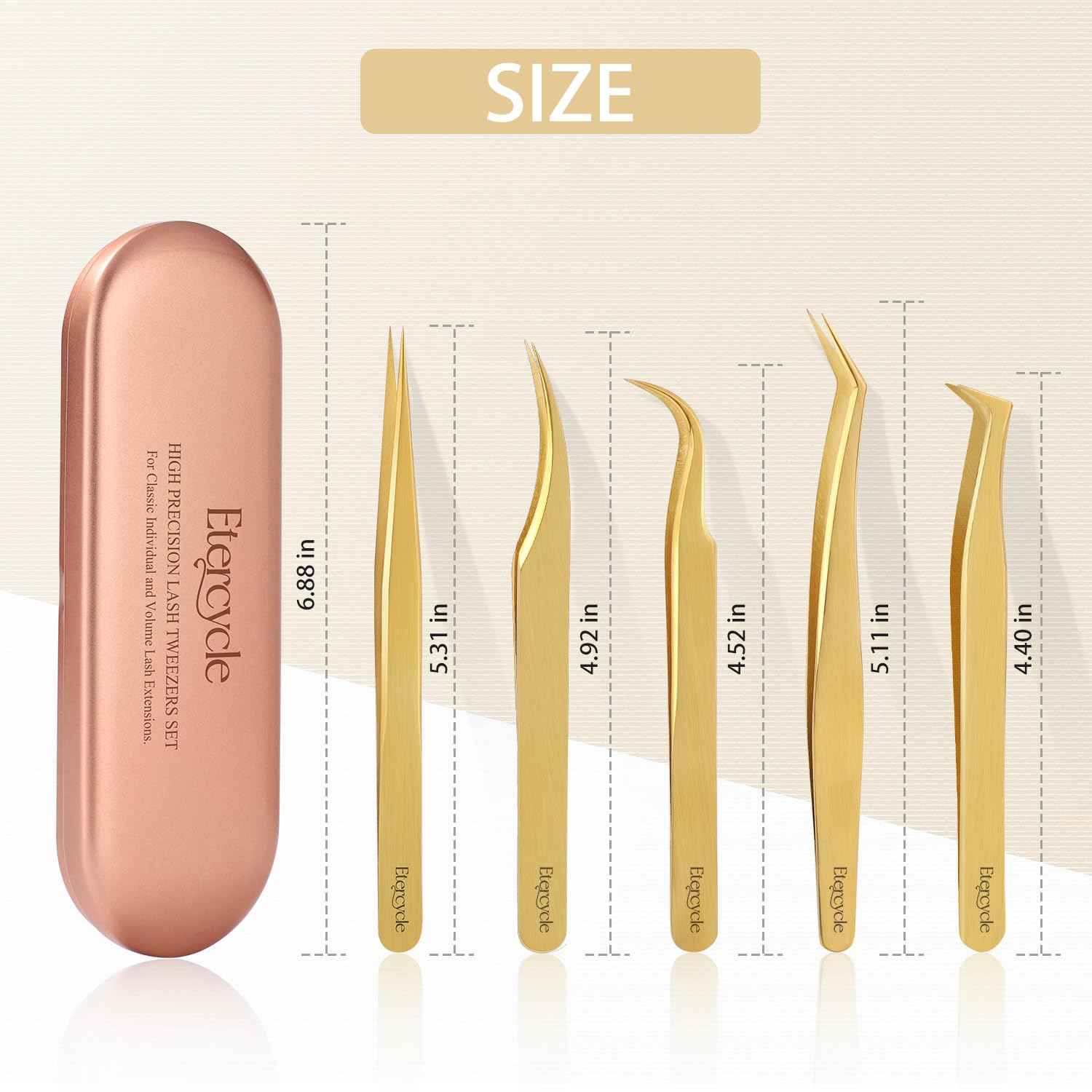 Etercycle High Precision Lash Tweezers Set - Includes 5 Stainless Steel Eyelash Tweezers for Classic Individual and Volume Lash Extensions. Complete with Storage Box
