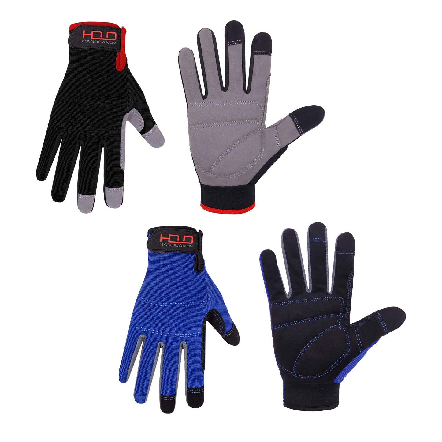 HANDLANDY 2 Pairs Mens Work Gloves Touch screen, Synthetic Leather Utility Gloves, Flexible Breathable Spandex - Padded Knuckles & Palm (Medium, Black&Blue)