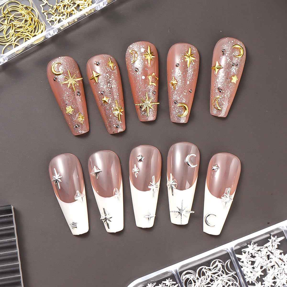 Star Moon Nail Charms for Nails Art 3D Gold Silver Starlight Cross Star Nail Rivet Studs Decoration Alloy Metallic Stars Accessories and Sugar Glitter Powder for Nails Manicure Craft DIY