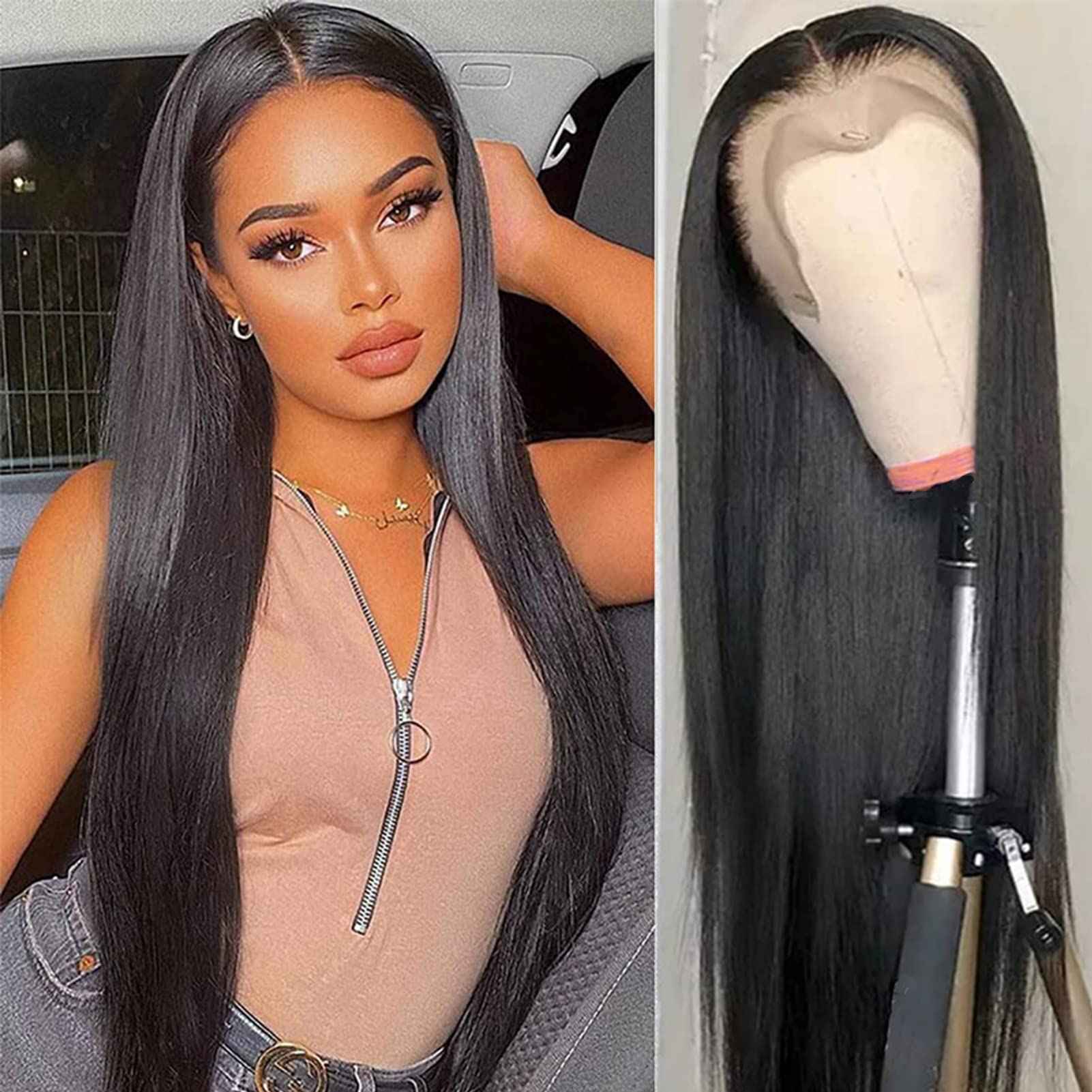 TaBeWay Black Straight Synthetic Lace Front Wig with Adjustable Straps, 24 Inches, Heat Resistant up to 160 Degrees Centigrade