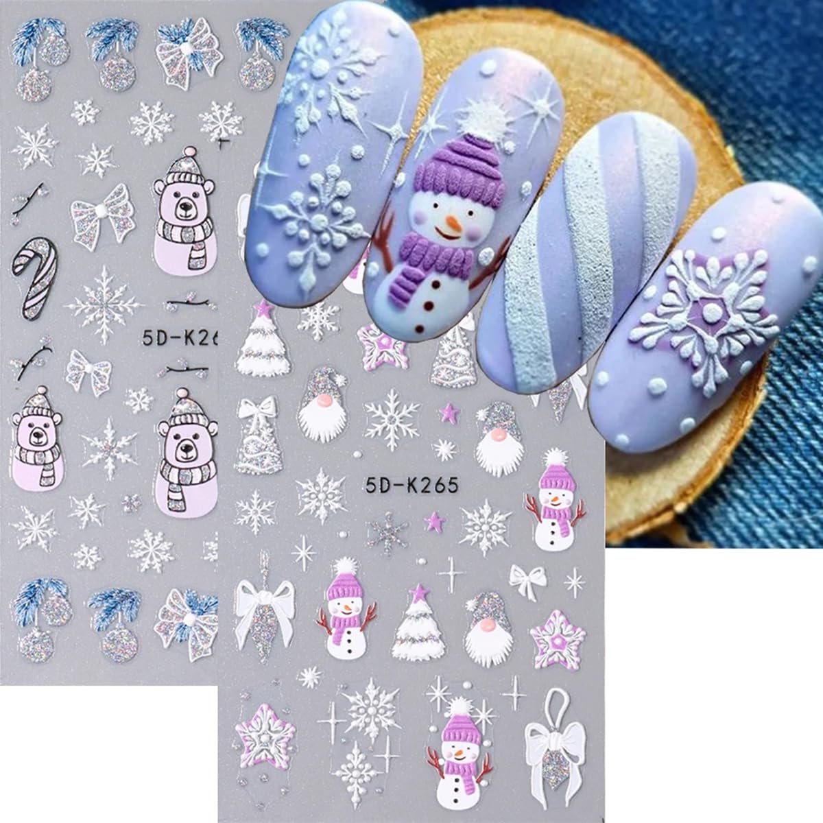 Christmas Nail Art Stickers 8 Sheet 5D Self-Adhesive Snowflake Nail Decals Sliver Glitter Xmas Tree Bell Snowman Winter Nail Art Charms Design Christmas Stickers for Women Nail Art Decoration Supplies