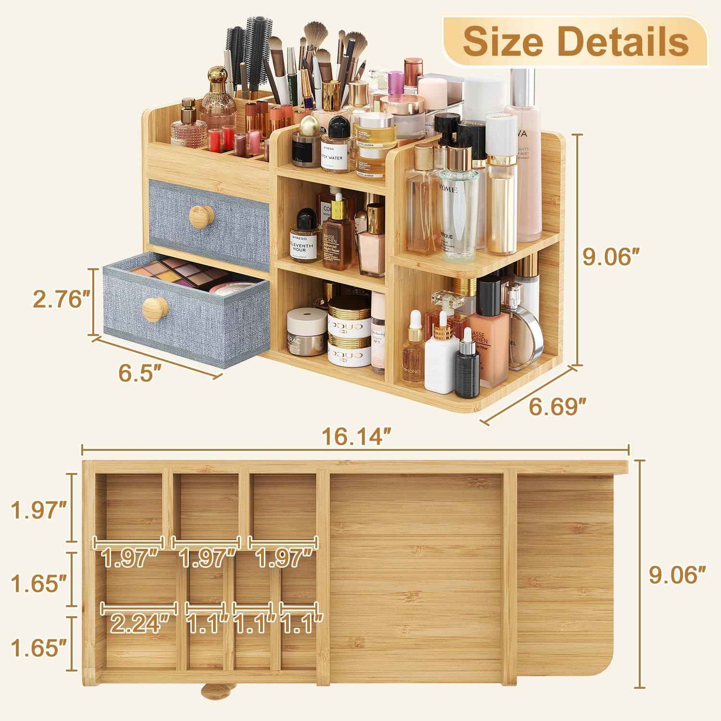 Large Makeup Organizer Countertop For Vanity Dresser, Bamboo Bathroom Counter Organizers And Storage,Cosmetic Skincare Perfume Organizer With 3 Makeup Brush Holder/2 Drawers/5 Shelves /8 Compartments