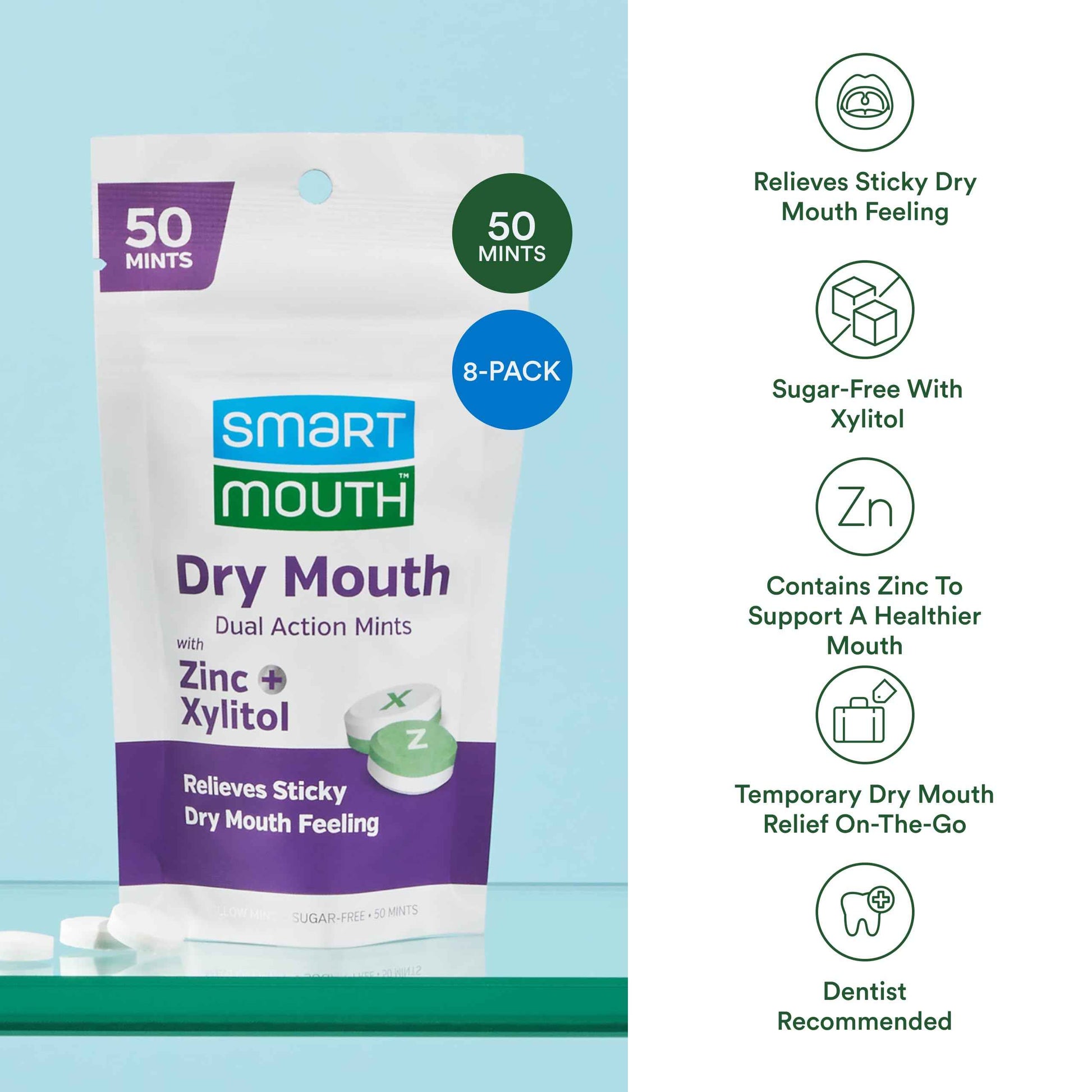 SmartMouth Dry Mouth Dual-Action Mints - Sugar-Free Breath Mints - 50 Count, 8 Pack, Mellow Mint