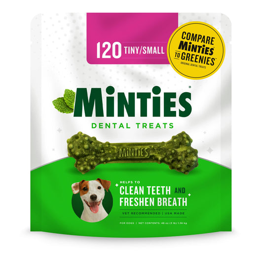 Minties Dental Chews for Dogs, 120 Count, Vet-Recommended Mint-Flavored Dental Treats for Tiny/Small Dogs 5-24 lbs, Dental Bones Clean Teeth, Fight Bad Breath, and Removes Plaque and Tartar