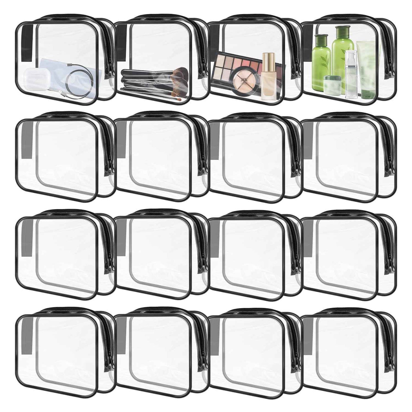 GONITYOU 16 Pieces Clear Makeup Bags Bulk, TSA Approved Toiletry Bags Travel Pouch, Waterproof PVC Plastic Small Clear Cosmetic Bags with Zipper for Organizing (Black Border)