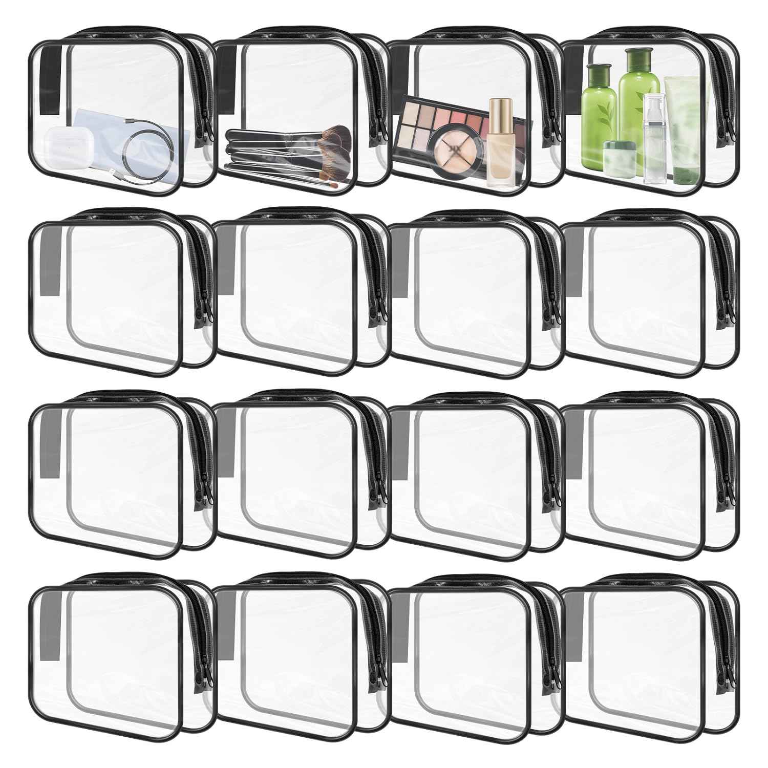 GONITYOU 16 Pieces Clear Makeup Bags Bulk, TSA Approved Toiletry Bags Travel Pouch, Waterproof PVC Plastic Small Clear Cosmetic Bags with Zipper for Organizing (Black Border)