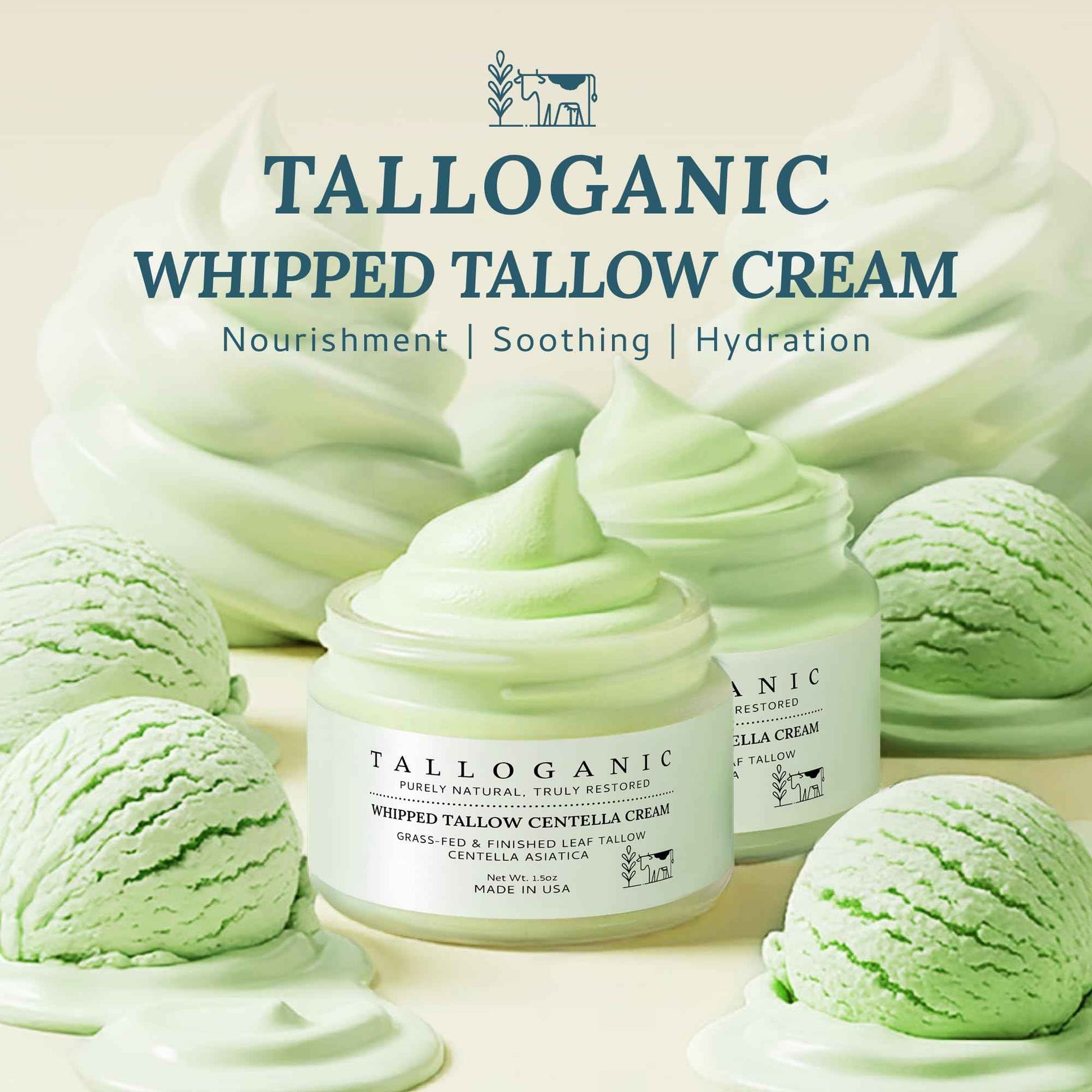 Beef Tallow for Skin Grass-Fed Whipped Tallow Centella Cream - 100% Natural Face & Body Moisturizer, to Support Hydration and Soothing, For Dry & Sensitive Skin, Made in USA