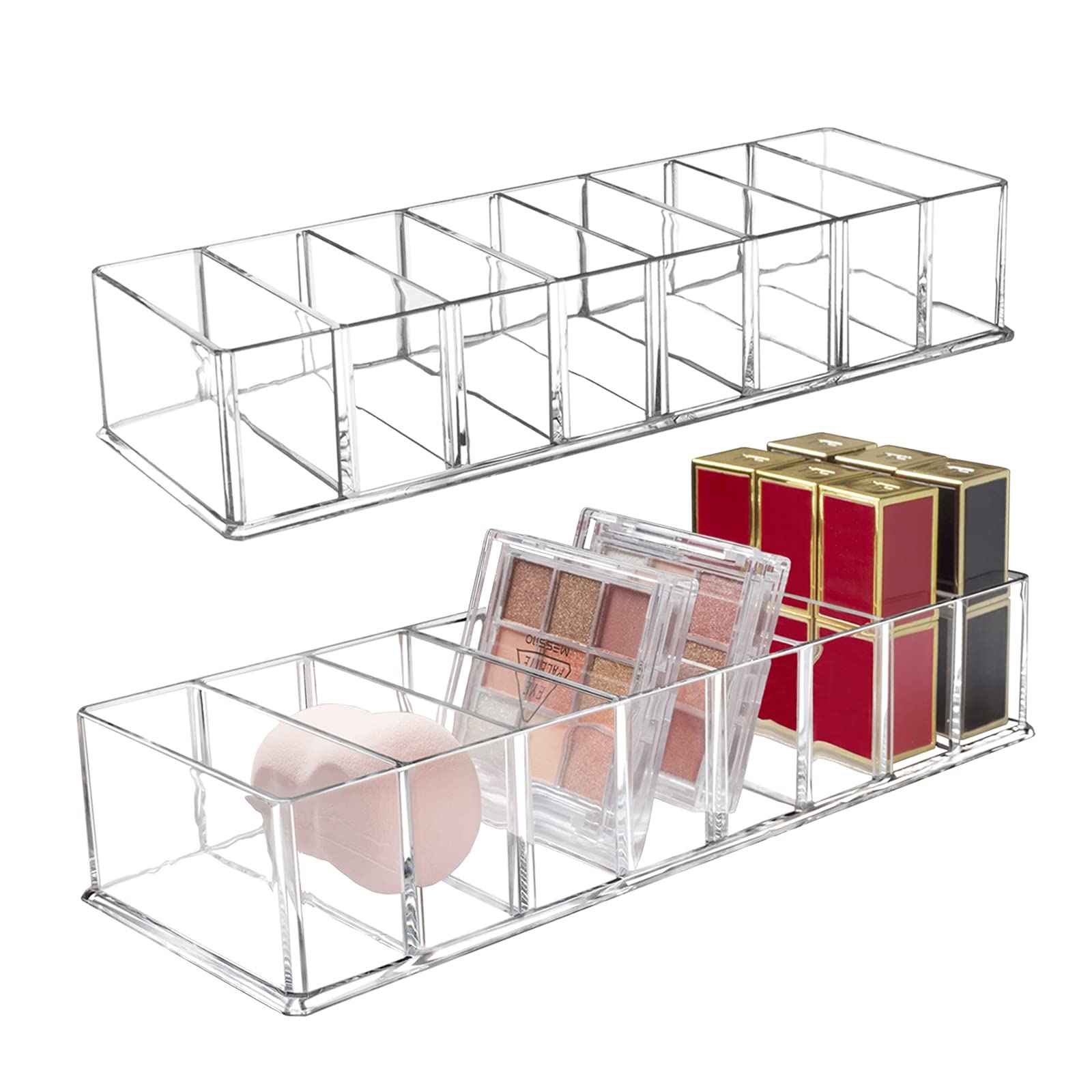 Seitop 2 Pack Detachable Makeup Organizer, 8 Compartments Acrylic Cosmetic Storage Jewelry Display Boxes, Clear Drawer Organizers Case for Dresser Vanity Bathroom Kitchen