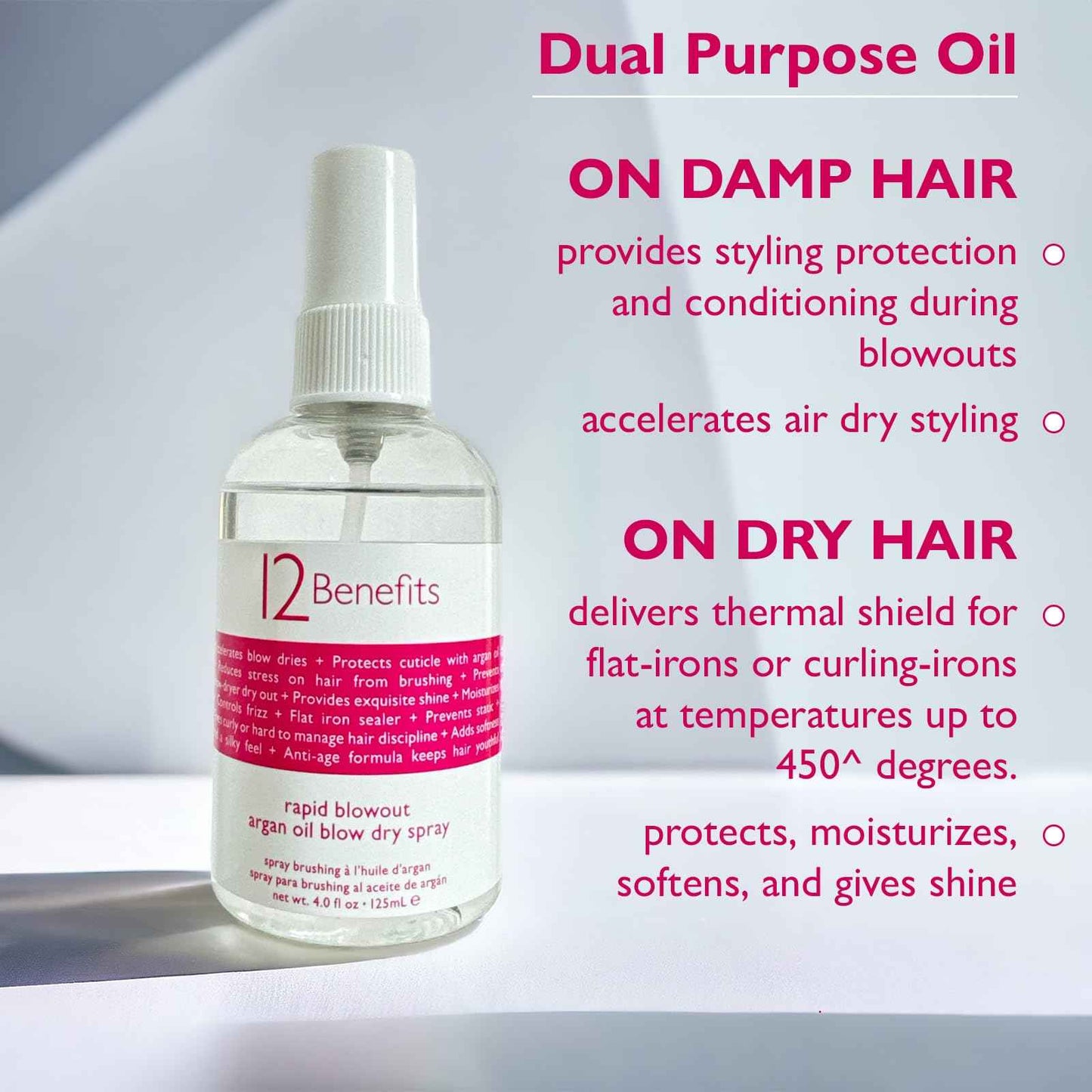 12 Benefits RAPID BLOWOUT ARGAN OIL SPRAY - Cut Blow Dry Time by 40% - Heat Protectant, Nourishes, Smooths Frizz, Adds Shine & Softens Damaged Hair, 4 Fl Oz