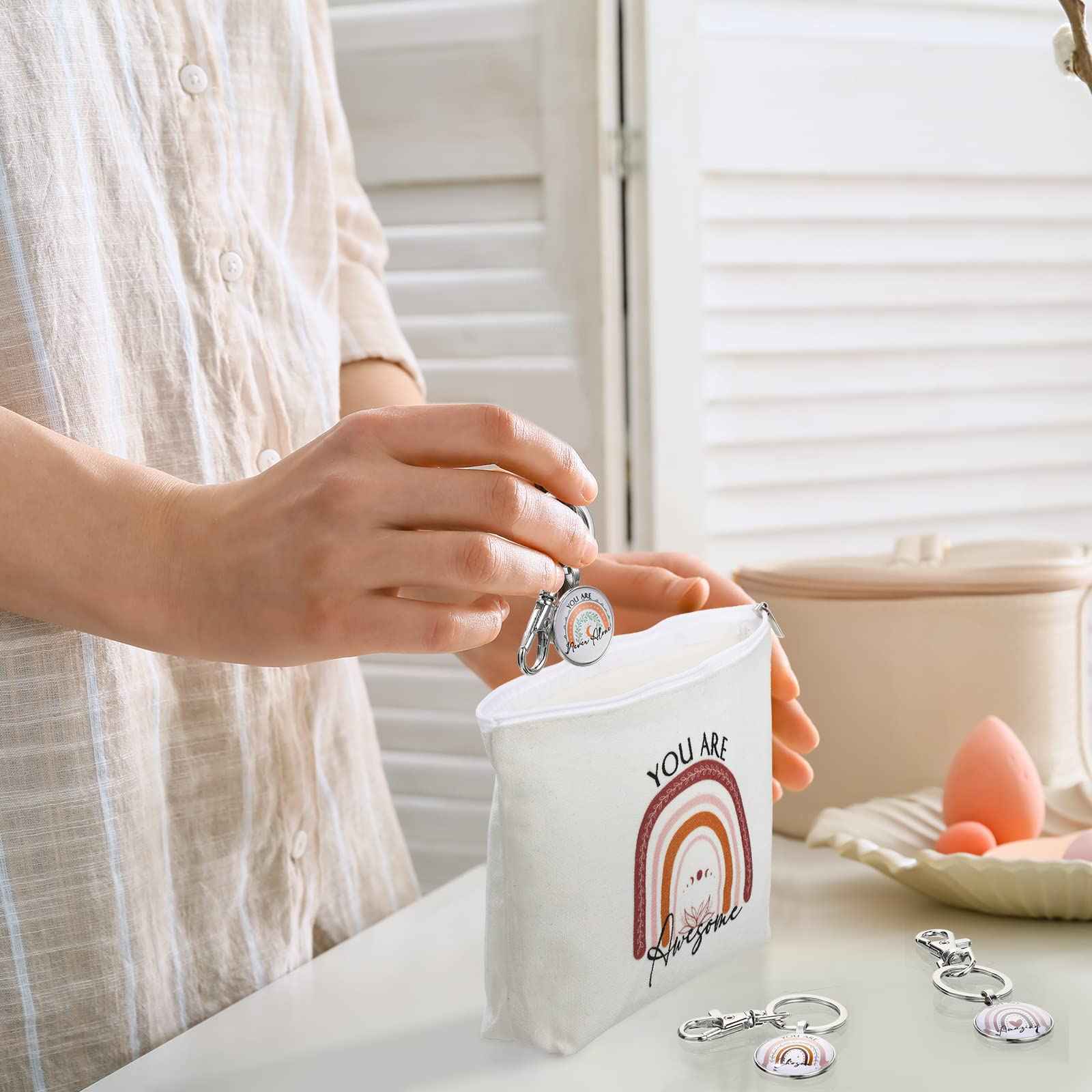 Sieral 60 Pcs Employee Appreciation Bulk Gifts for Women Rainbow Makeup Bags Inspirational Keychains Canvas Cosmetic Bags Thank You Gifts for Nurse Teacher Christmas Operation Gift Stocking Stuffers