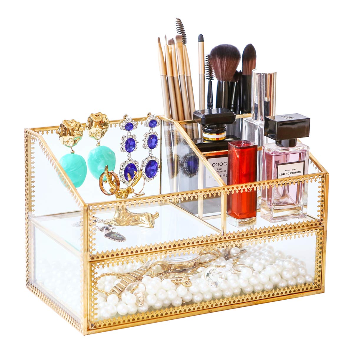 Golden Glass Box Vanity Tray Glass Case Makeup Display Organizer on Dresser, Multifunctional Cosmetic Storage for Palette Lipstick Makeup Brushes Skincare Perfumes Bathroom Accessories