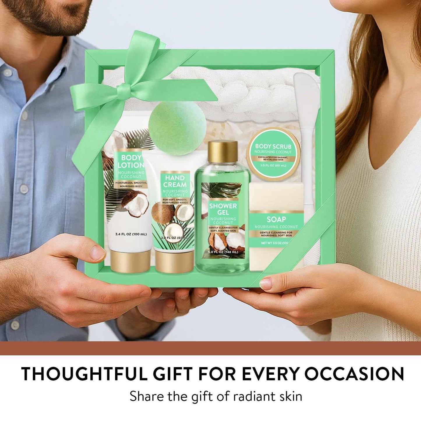 Premium Coconut Christmas Spa Gift Baskets for Women, 8 Piece Luxury Bath Set with Bubble Bath & Bath Bombs, Tropical Gift for Her, Anniversary or Birthday Present - Body Scrub, Lotion, Hand Cream