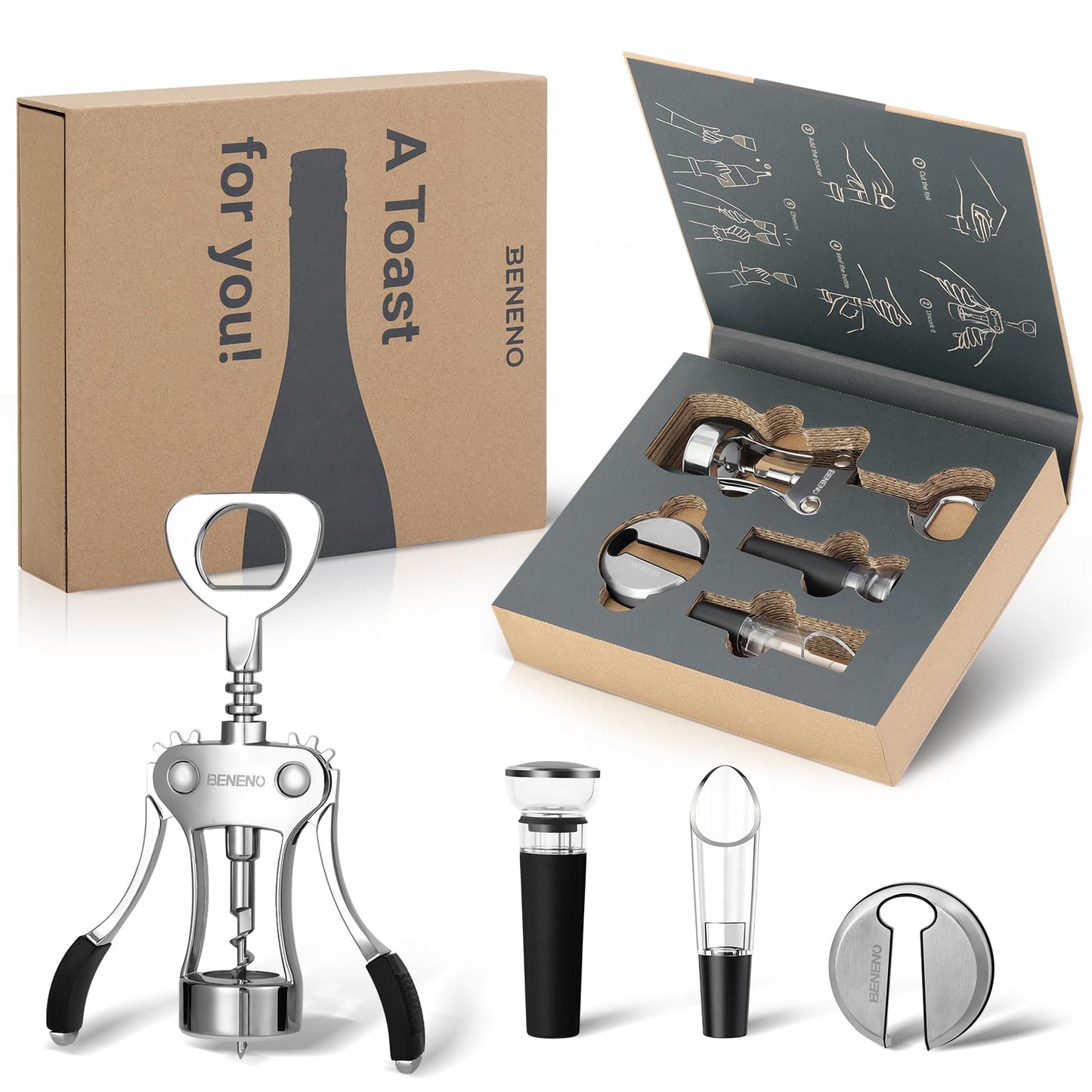 Wine Opener Gift Set Premium Wing Corkscrew Wine Bottle Opener with Multifunctional Bottles Opener, Wine Foil Cutter, Wine Vacuum Stopper, Wine Aerator Pourer Upgrade for Wine Lovers Man Woman, Silver