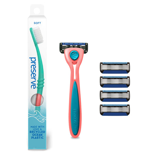 Preserve Ocean Plastic Initiative (POPi) Kit: POPi Shave 5 Razor System, POPi Replacement Cartridges (4ct) and POPi Toothbrush (Soft, 1ct), Made in USA from Recycled Ocean Plastic, Coral Pink Bundle