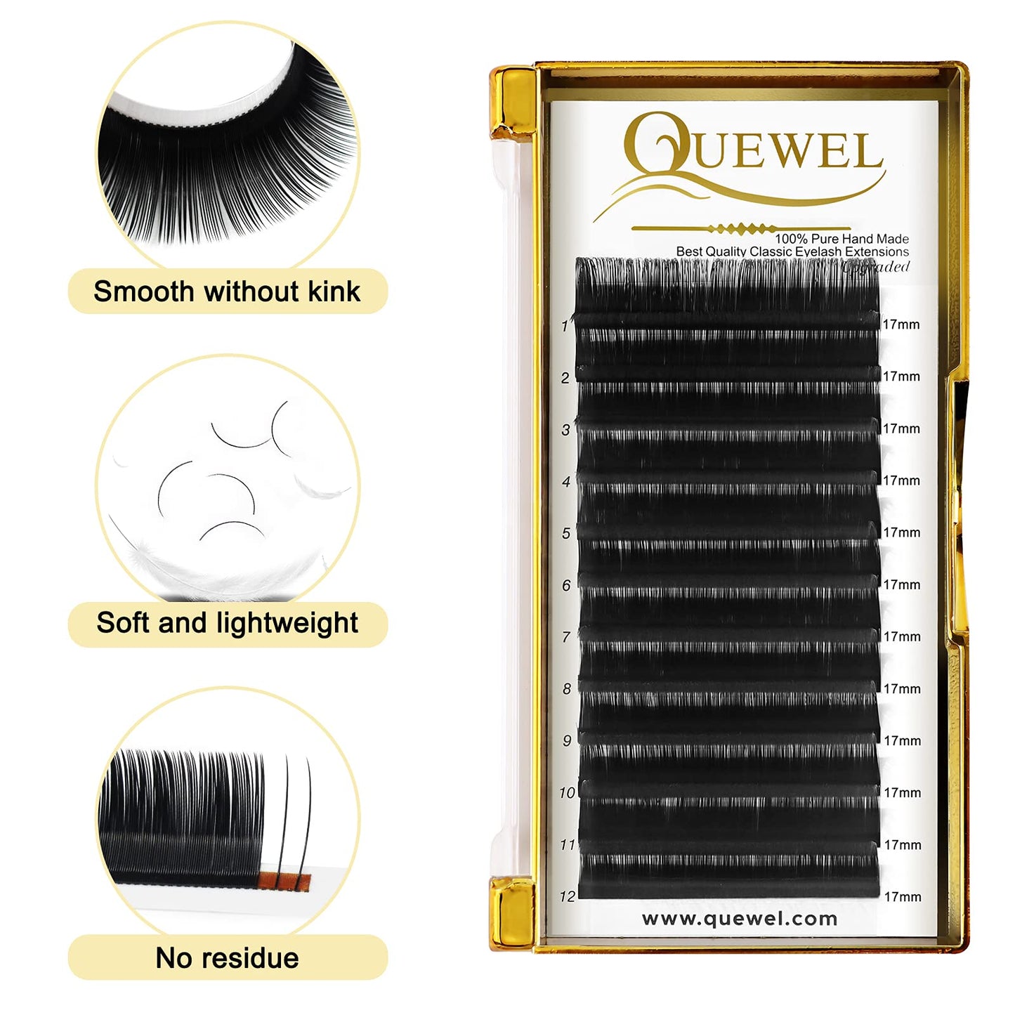 Classic Eyelash Extensions 0.07 C 17mm Lashes Extensions Supplies C/D Curl Single Length 9-20mm Mixed Length 9-16mm/15-20mm by QUEWEL (0.07 C 17)