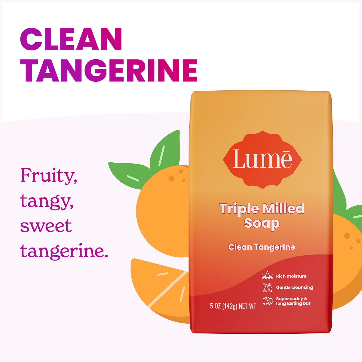 Lume Triple Milled Soap - Rich Moisture & Gentle Cleansing - Paraben Free, Phthalate Free, Skin Safe - 5 ounce (Pack of 4) (Clean Tangerine)