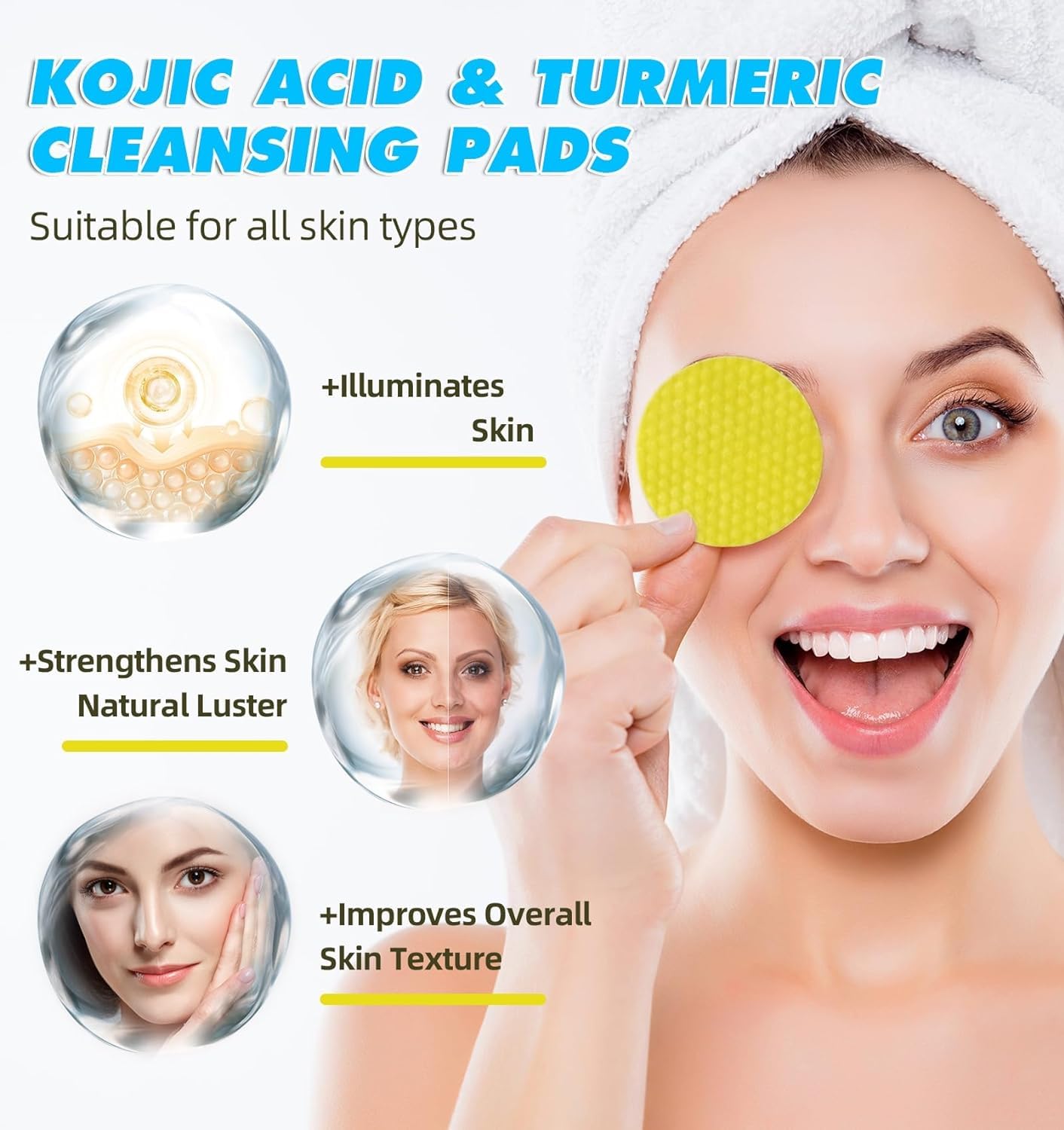 SHIFAKOU Turmeric Cleansing Pads for Dark Spots, Turmeric Kojic Acid Cleansing Pads Infused Foaming Exfoliating and Cleansing Pads,Remove Excess Keratin (60 Pads)