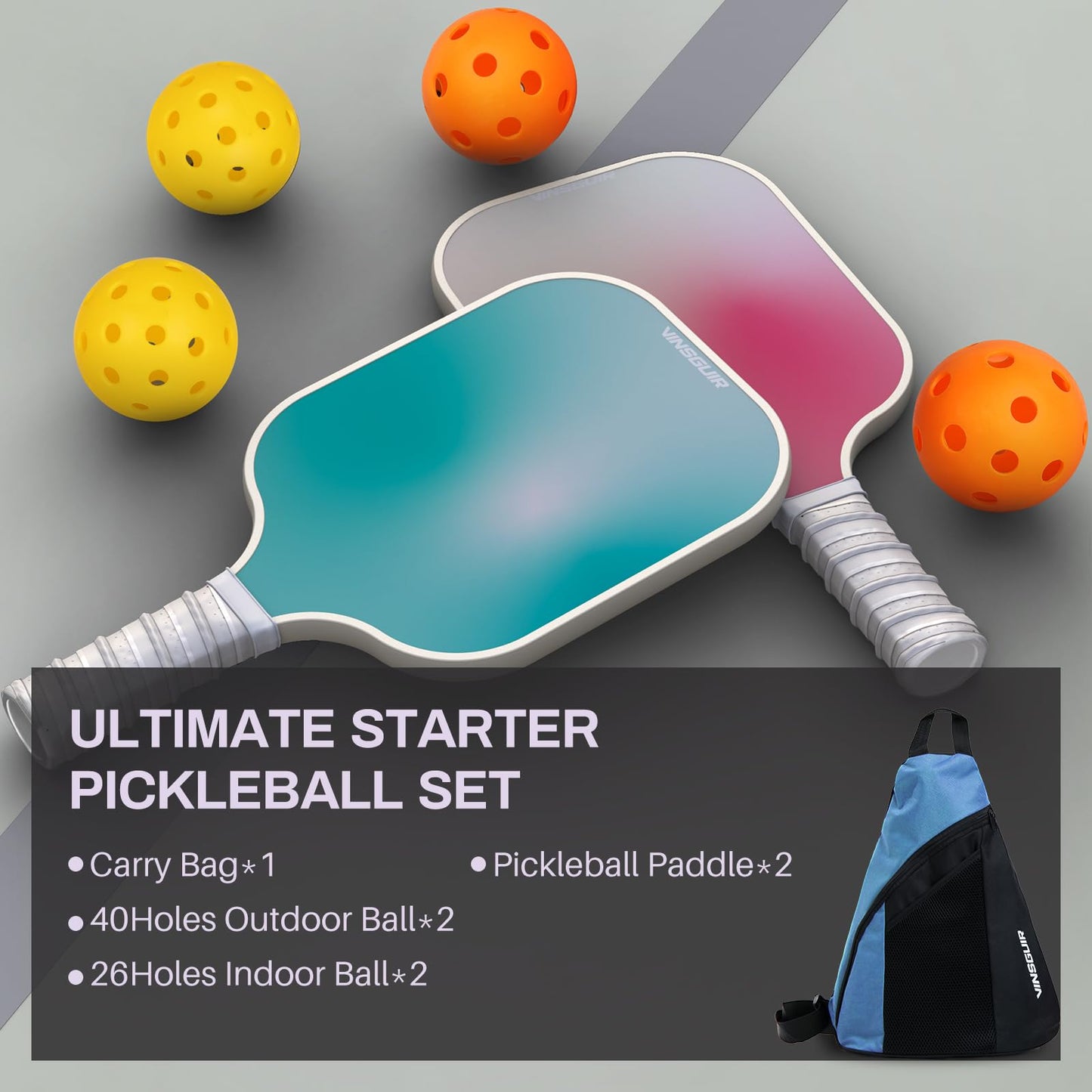 VINSGUIR Pickleball Paddles, Fiberglass Pickleball Paddles Set of 2, Lightweight Pickleball Rackets with Pickleball Carrying Bag, Pickleball Gifts for Beginners & Pros (2 Rackets)