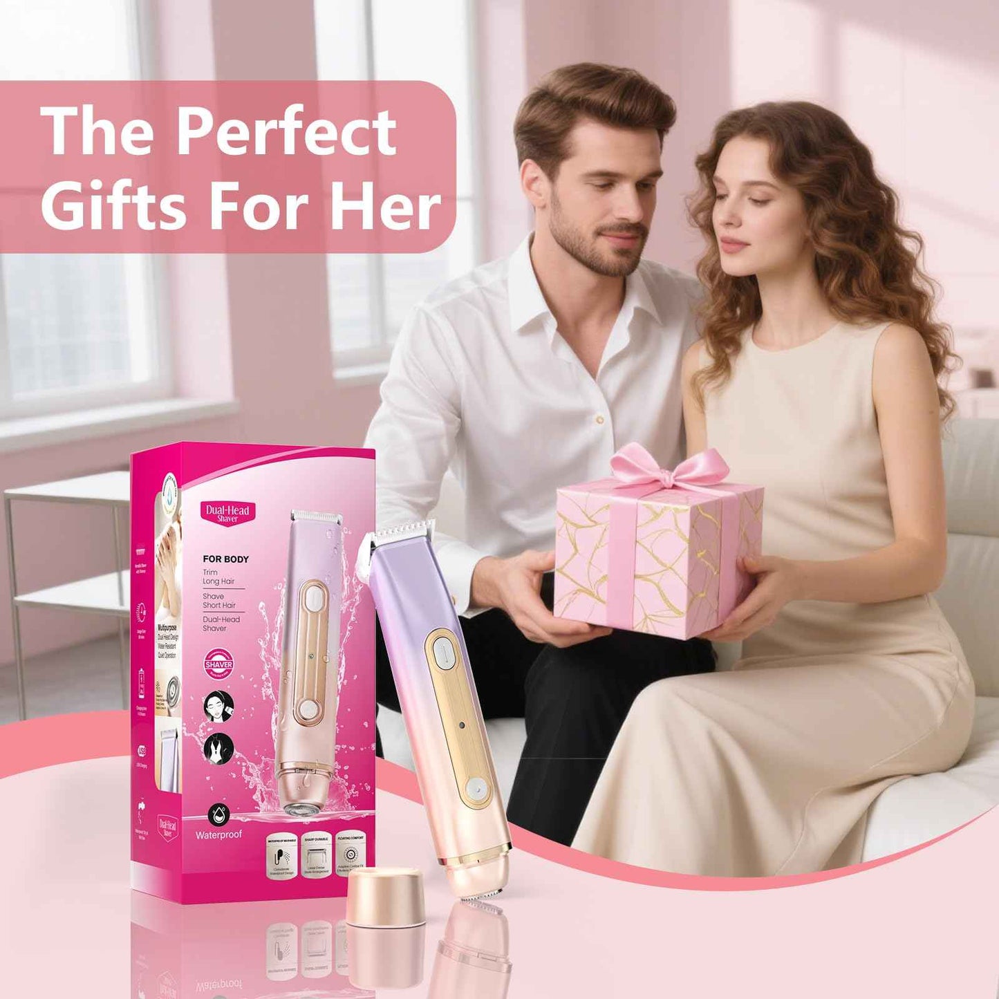 Bikini Trimmer for Women, 2-in-1 Painless Electric Razor for Body and Pubic Hair, IPX7 Waterproof Shaver with Dual Heads - Rechargeable Lady Trimmer for Bikini, Underarm, and Leg (Coral Purple)