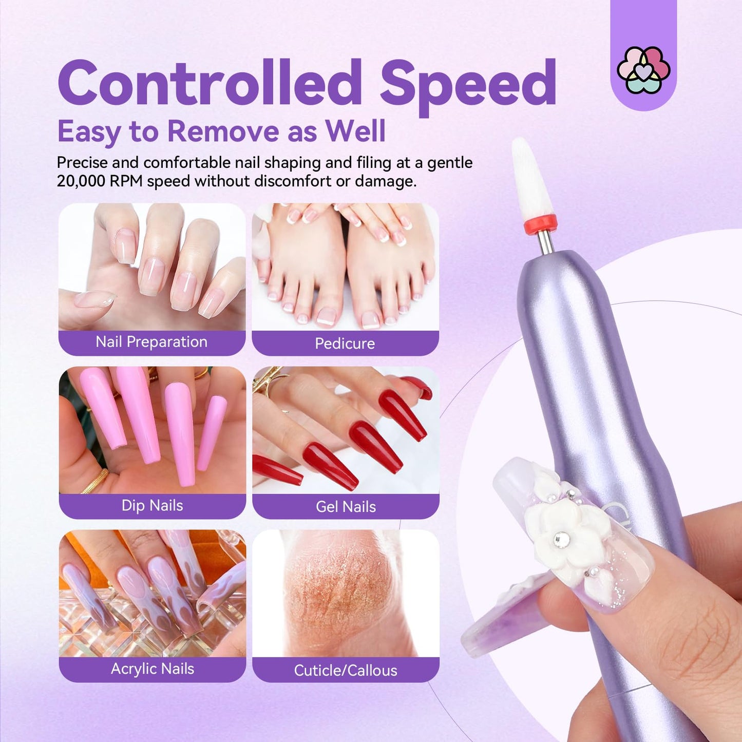 SAVILAND Nail Drill: Portable Electric Nail Drill Kit 20000RPM Nail Drill Purple 7 Nail Drill Bits Cuticle Bit Nail File (100/180 Grit) 51 Sanding Bands Beginners at Home Manicure Pedicure