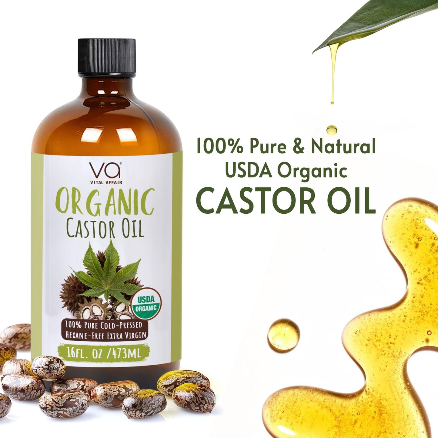 VITAL AFFAIR Castor Oil Organic Cold Pressed Unrefined Glass Bottle- USDA Certified Organic Castor Oil For Castor Oil Pack Wrap-Castor Oil For Skin, Hair Growth, Eyelashes, Eyebrows & Nails-16 fl oz