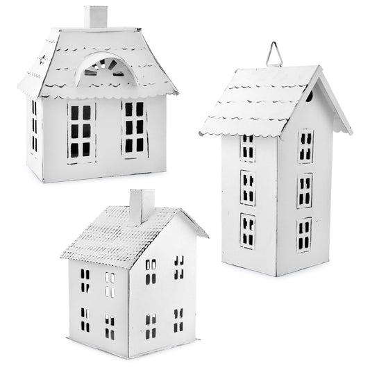 AuldHome Farmhouse Decor Tin Houses (Set of 3, White); Candle Lantern Decorative Holiday Christmas Village Display or Votive Holder