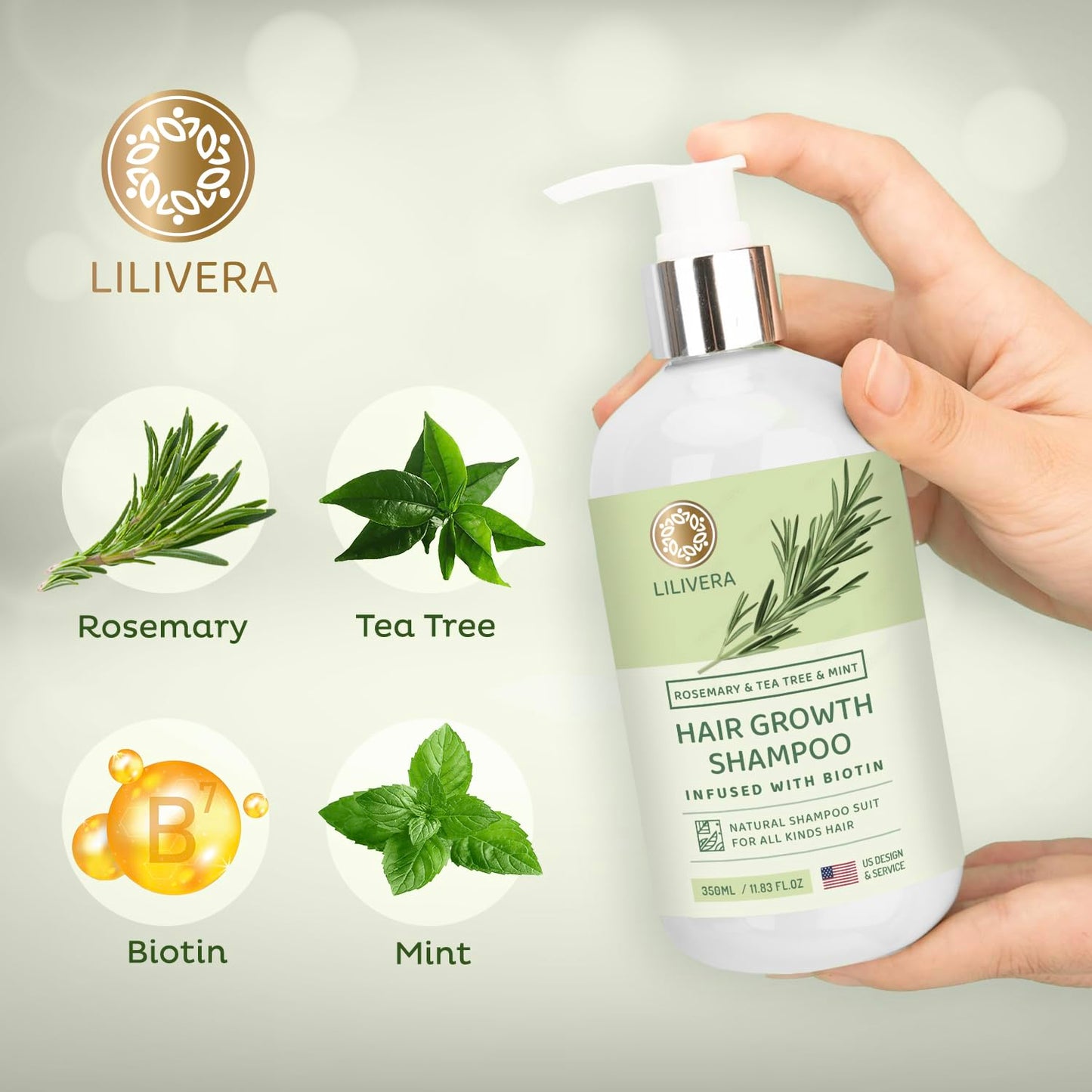 Lilivera Rosemary Hair Growth Shampoo: Shampoo for Hair Loss - Shampoo for Thinning Hair for Men and Women - Rosemary Mint Strengthening Shampoo with Tea Tree Oil Bition - 11.8 fl. oz