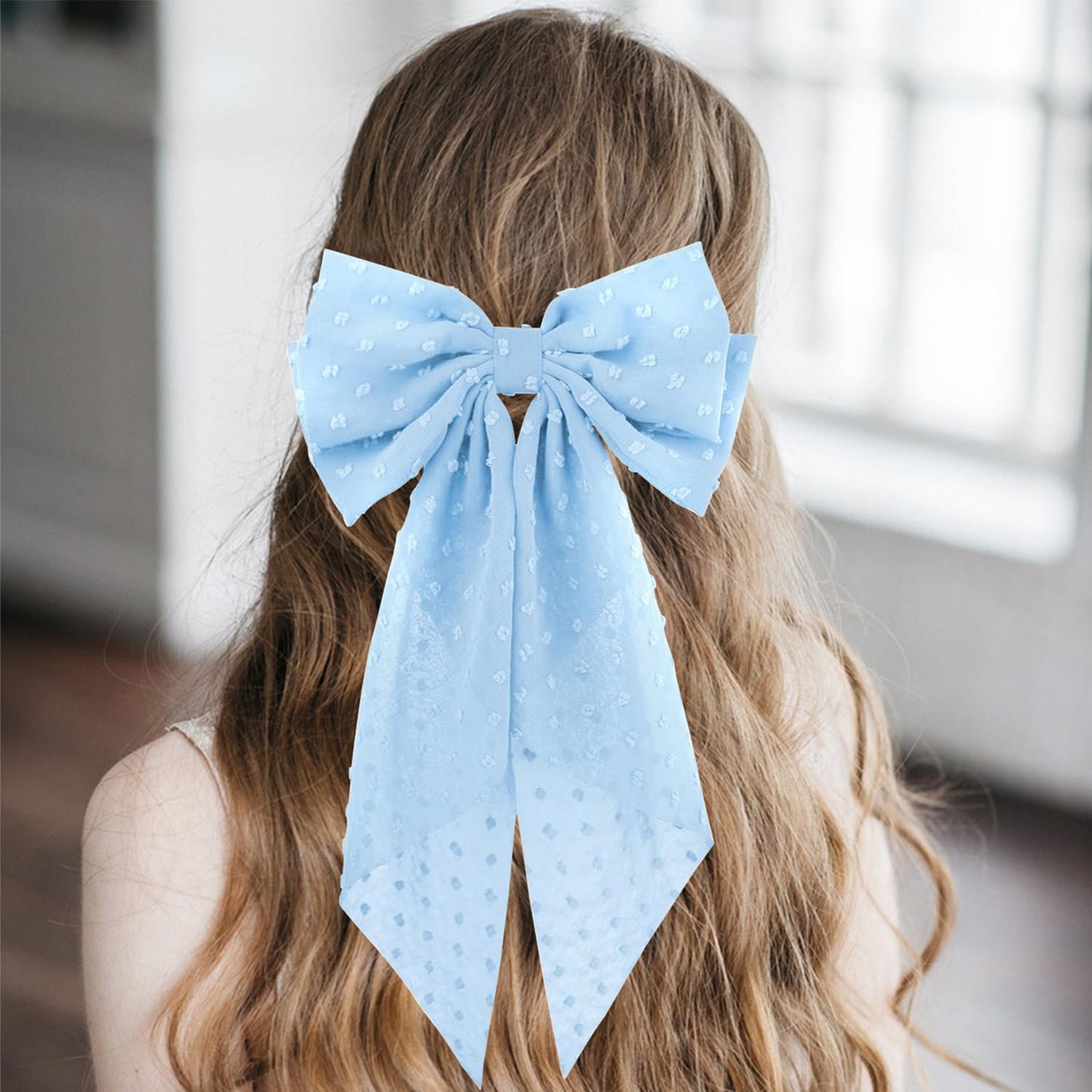 2PCS Large Hair Bows Ribbon Hair Clips, Double Layers Big Bow Hair Clip With Long Tail Ribbon Bowknot Hair Barrettes, Ponytail Holder Hair Accessories for Women Girls (Blue+Pink)