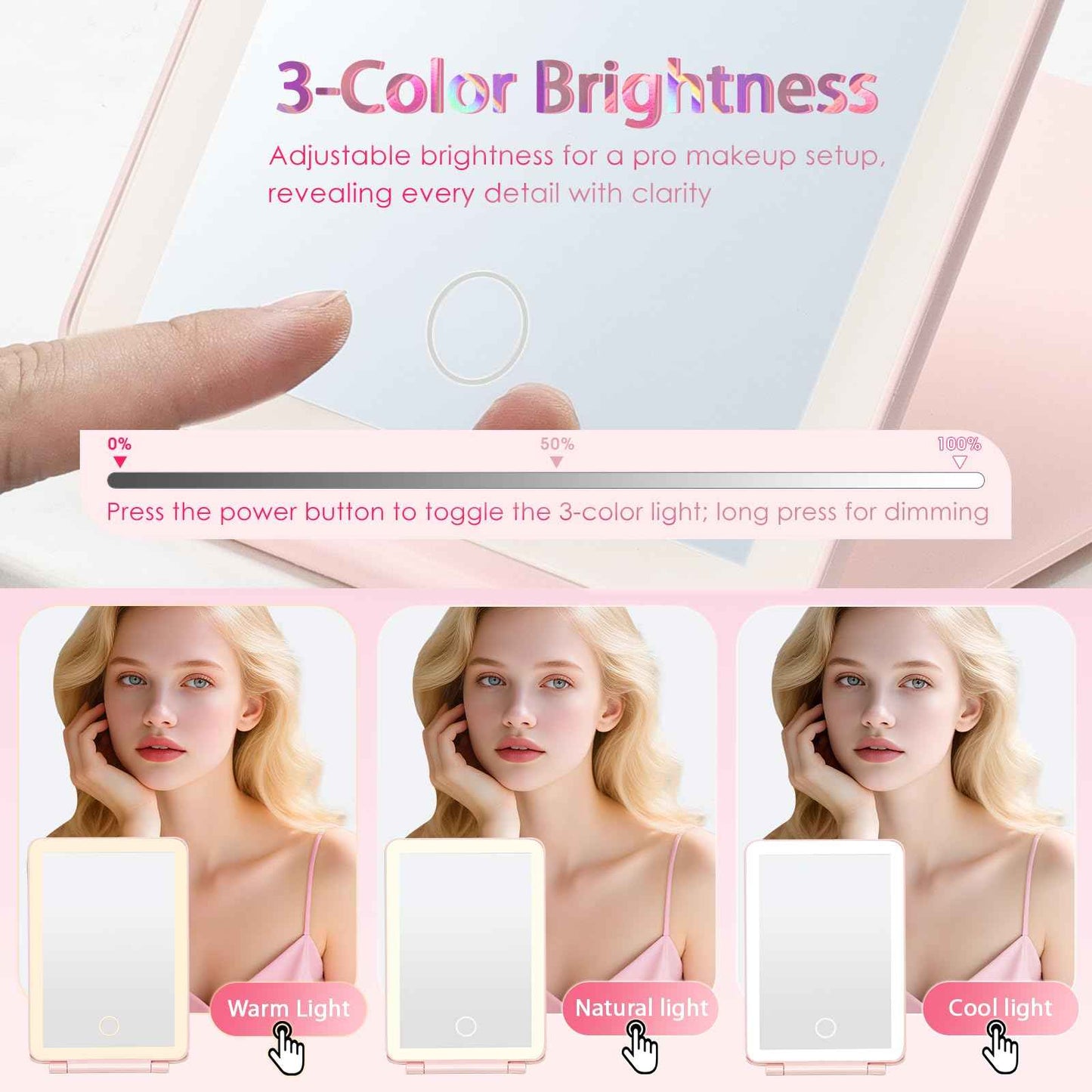 Faquenc Makeup Case with Lighted Mirror Travel Makeup Organizer Box 2 Trays Lockable Cosmetic Train Case with Movable LED Mirror for Girls Make Up Nail Kits Sewing Vanity Storage Case Shiny Pink