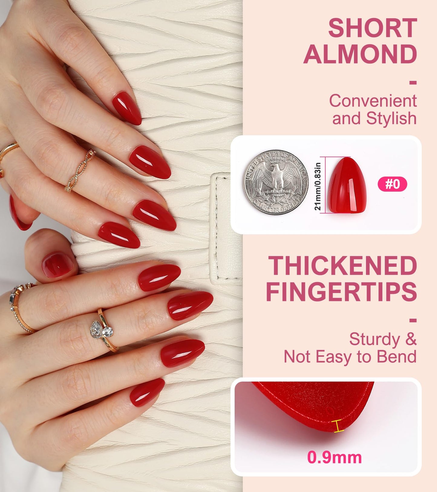 Morily Red Press on Nails, 30Pcs Short Almond Fake Nails Glossy Acrylic False Nails Reusable Full Cover Stick on Nails for Women, 15 Sizes, Thicker Fingertips