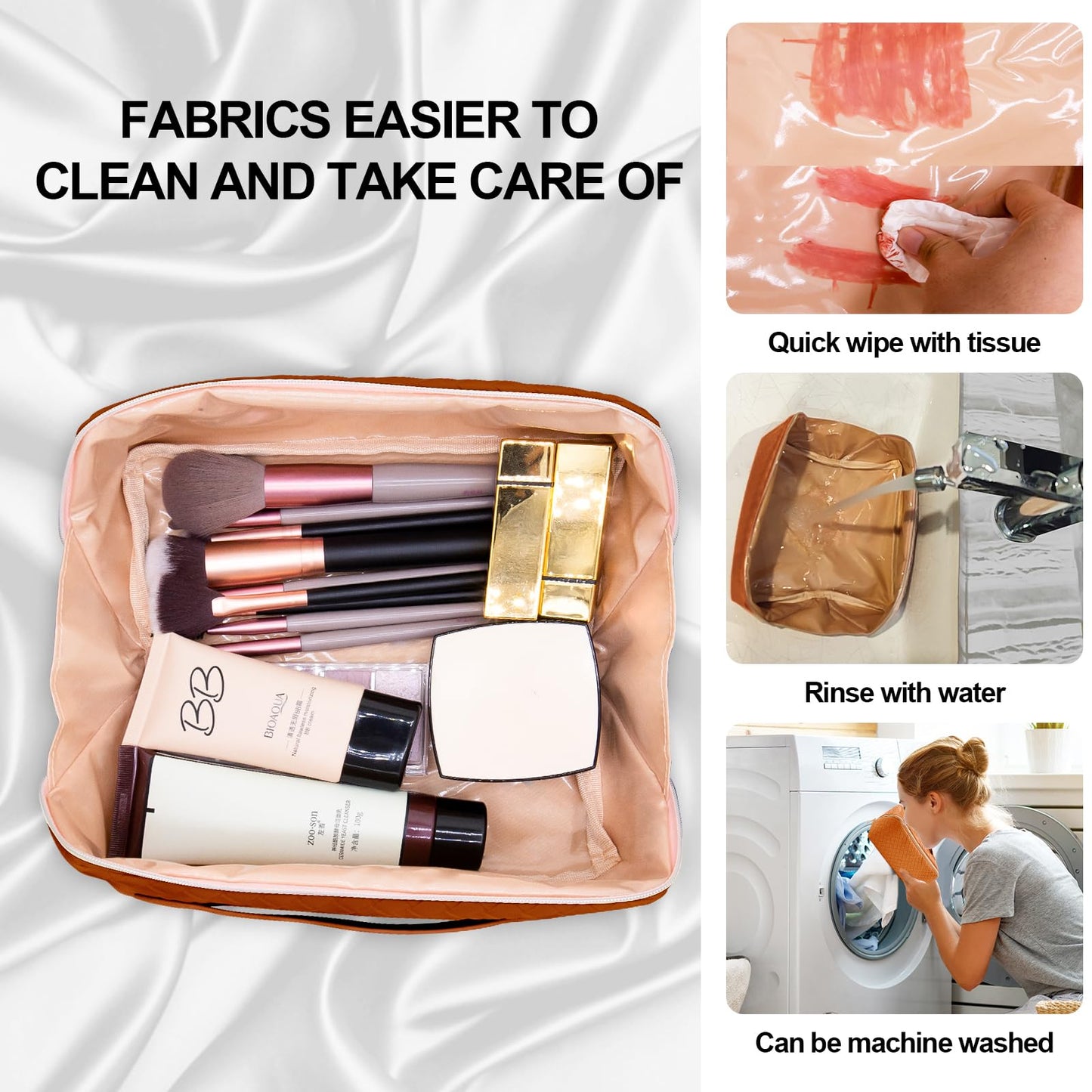 Makeup Bag,Large Capacity Travel Cosmetic Bag for Women, Multifunctional Open Flat Toiletry Bag with Handle,Washable Waterproof Beauty Zipper Makeup Organizer (A-Weave, BROWN)